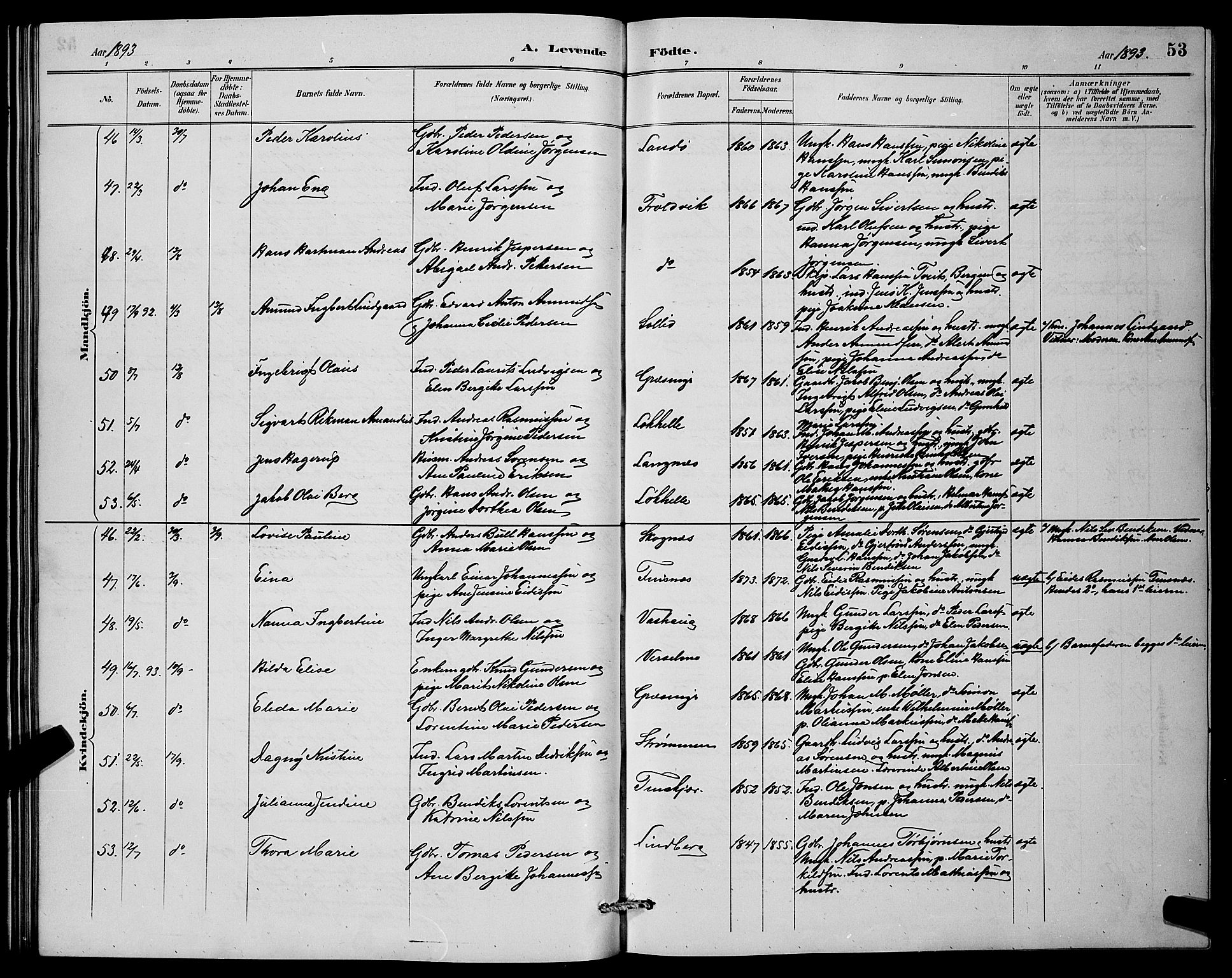 Lenvik sokneprestembete, SATØ/S-1310/H/Ha/Hab/L0007klokker: Parish register (copy) no. 7, 1890-1898, p. 53