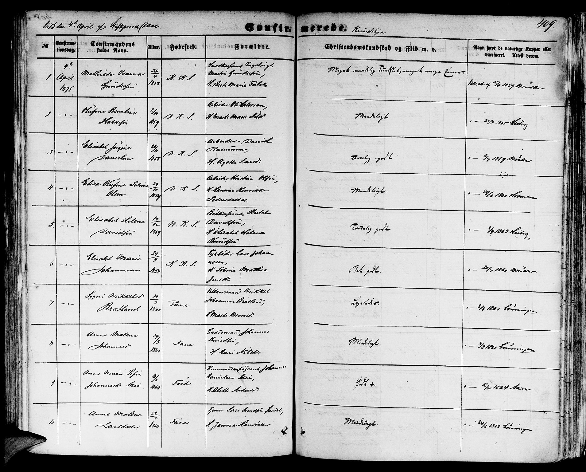 Domkirken sokneprestembete, SAB/A-74801/H/Hab/L0023: Parish register (copy) no. C 3, 1854-1880, p. 409