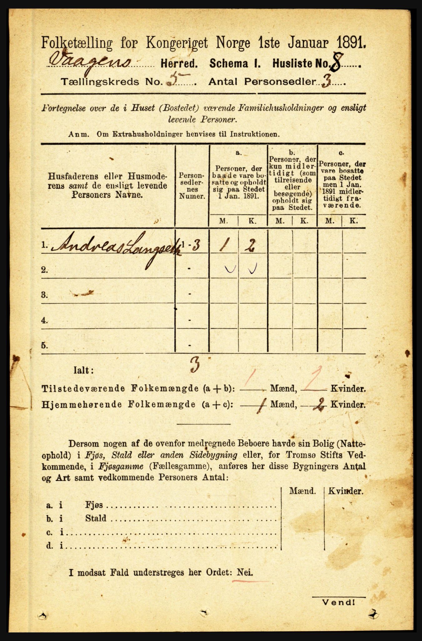 RA, 1891 census for 1865 Vågan, 1891, p. 1557