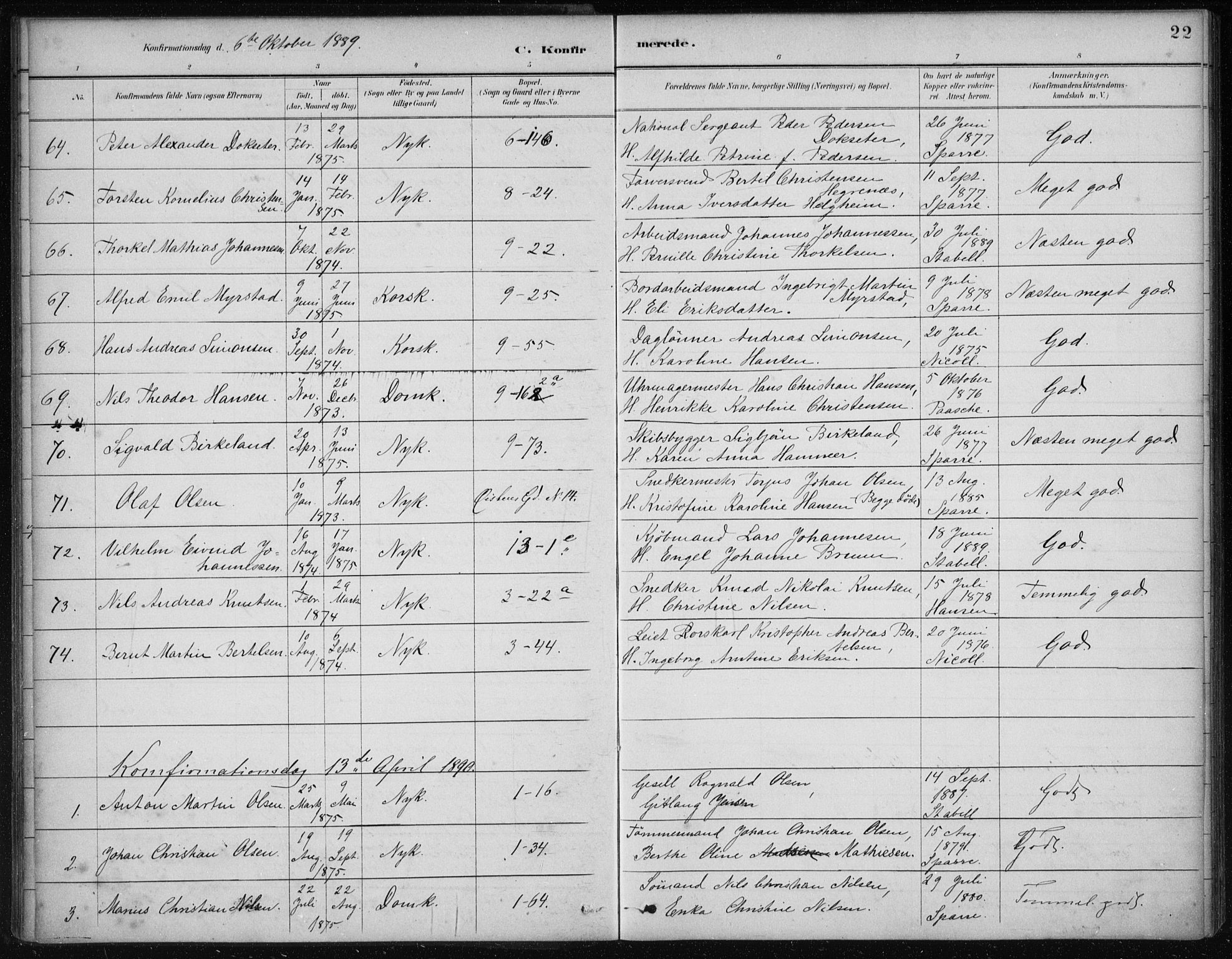 Nykirken Sokneprestembete, SAB/A-77101/H/Haa/L0027: Parish register (official) no. C 6, 1886-1913, p. 22