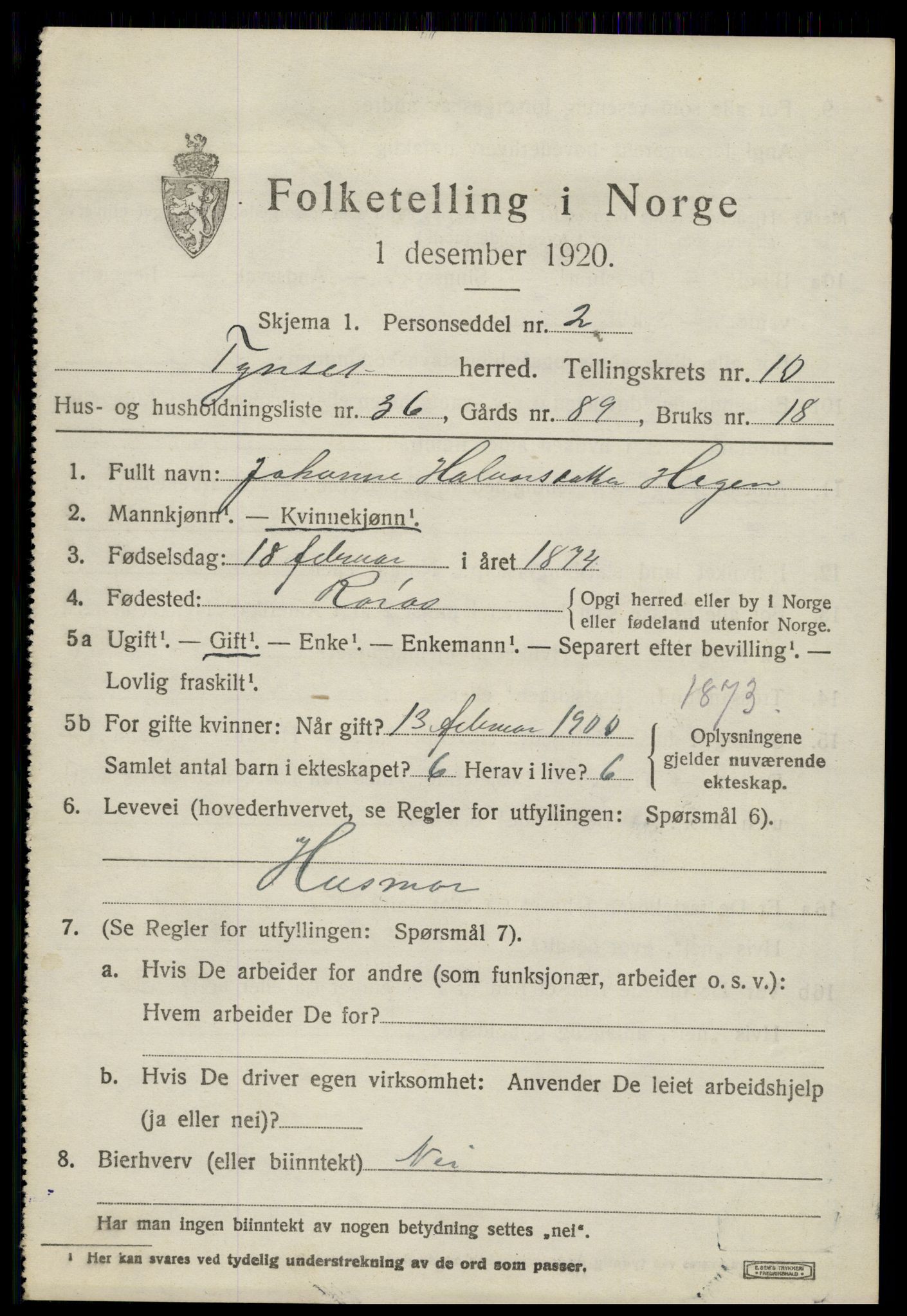 SAH, 1920 census for Tynset, 1920, p. 7988