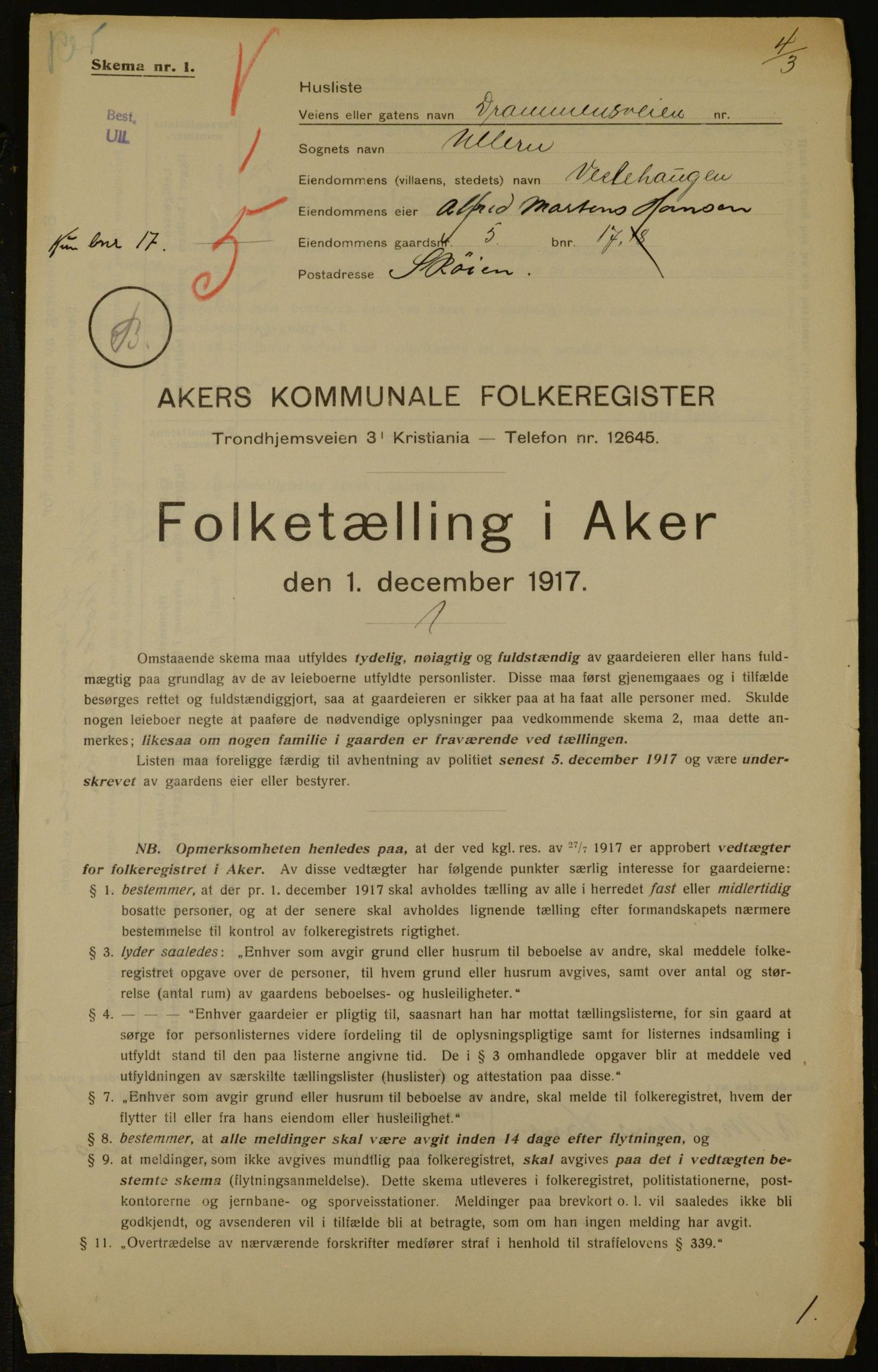 OBA, Municipal Census 1917 for Aker, 1917, p. 3022