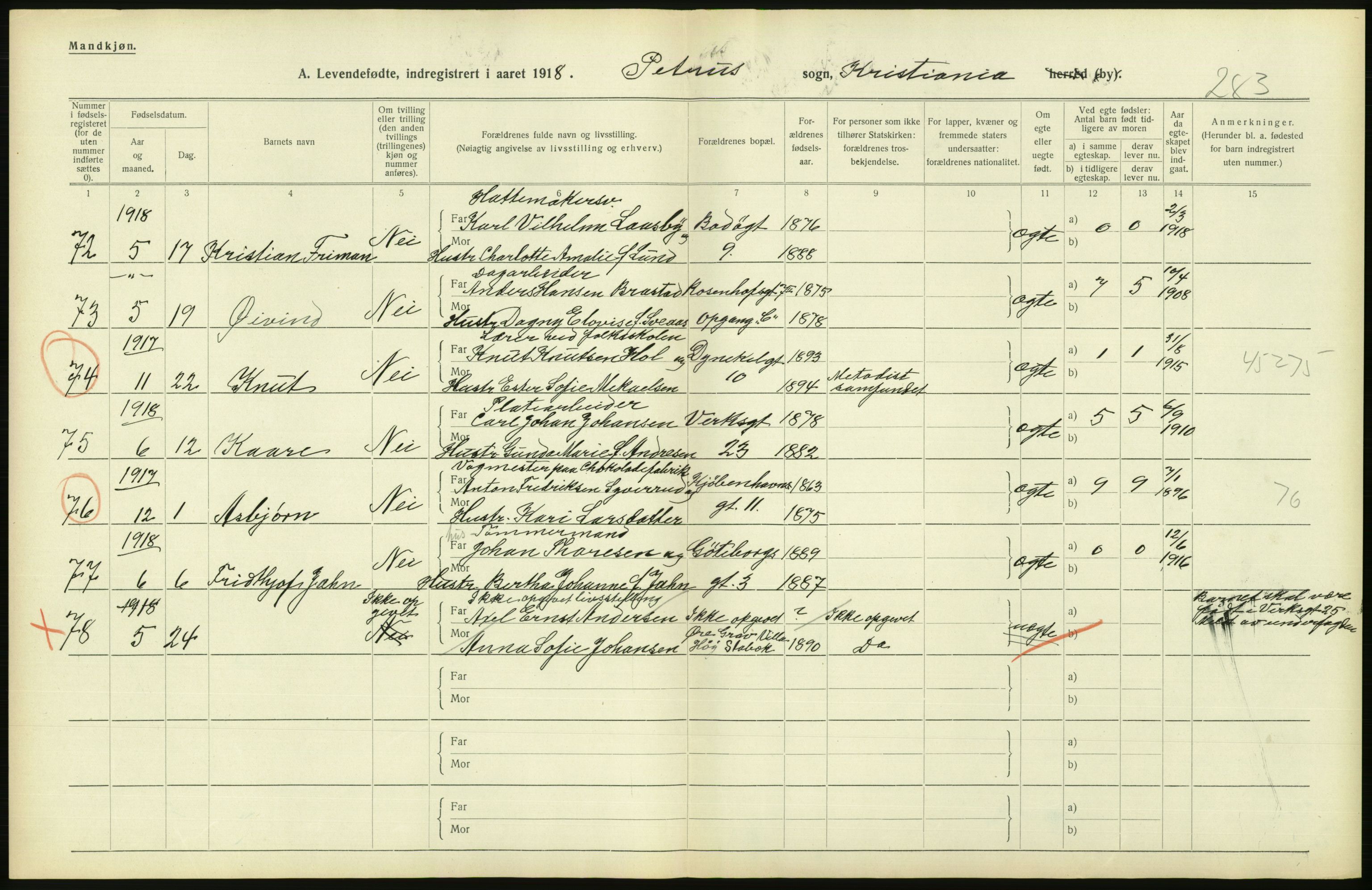 Statistisk sentralbyrå, Sosiodemografiske emner, Befolkning, AV/RA-S-2228/D/Df/Dfb/Dfbh/L0008: Kristiania: Levendefødte menn og kvinner., 1918, p. 602