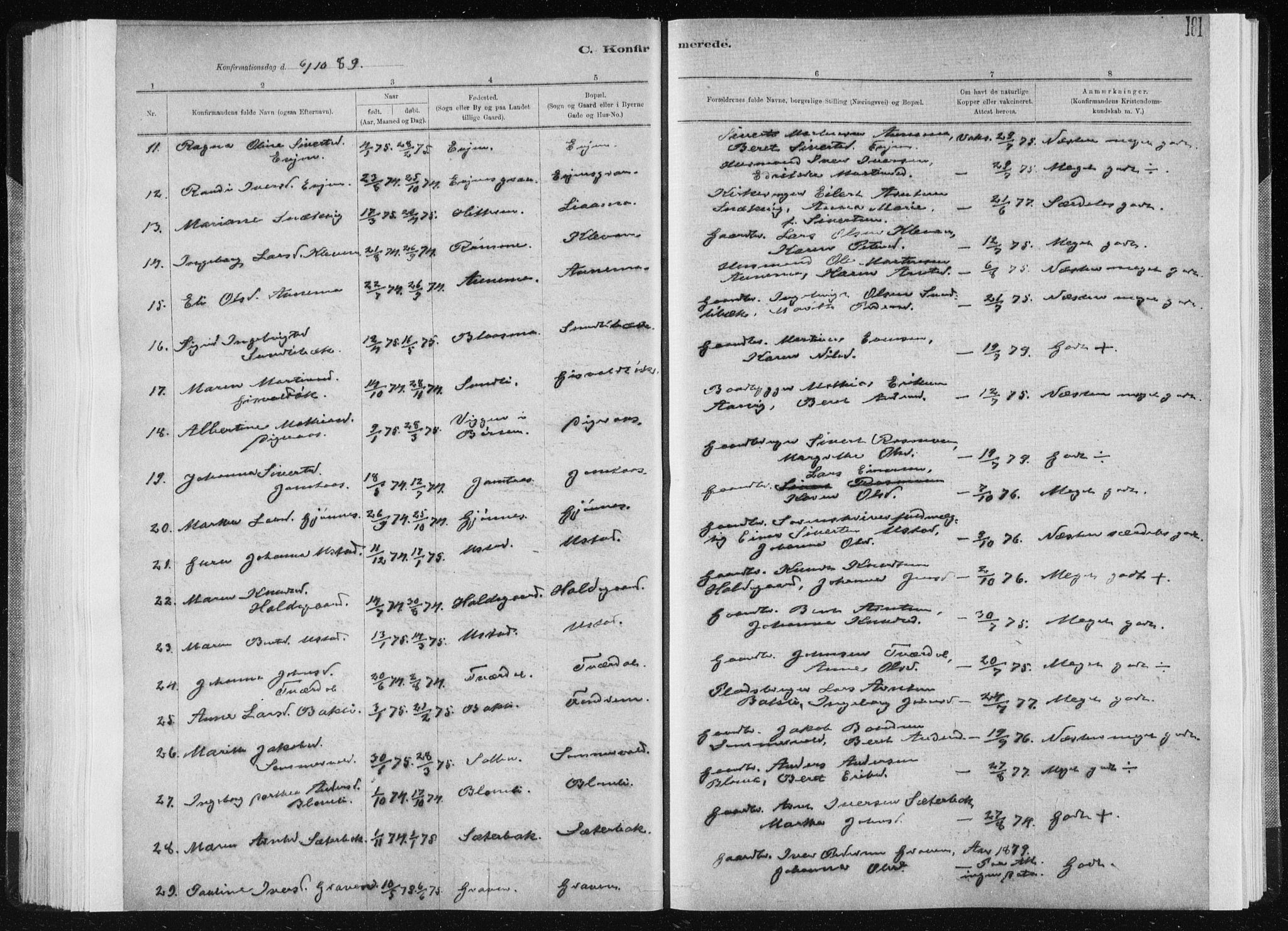 Ministerialprotokoller, klokkerbøker og fødselsregistre - Sør-Trøndelag, AV/SAT-A-1456/668/L0818: Parish register (copy) no. 668C07, 1885-1898, p. 181