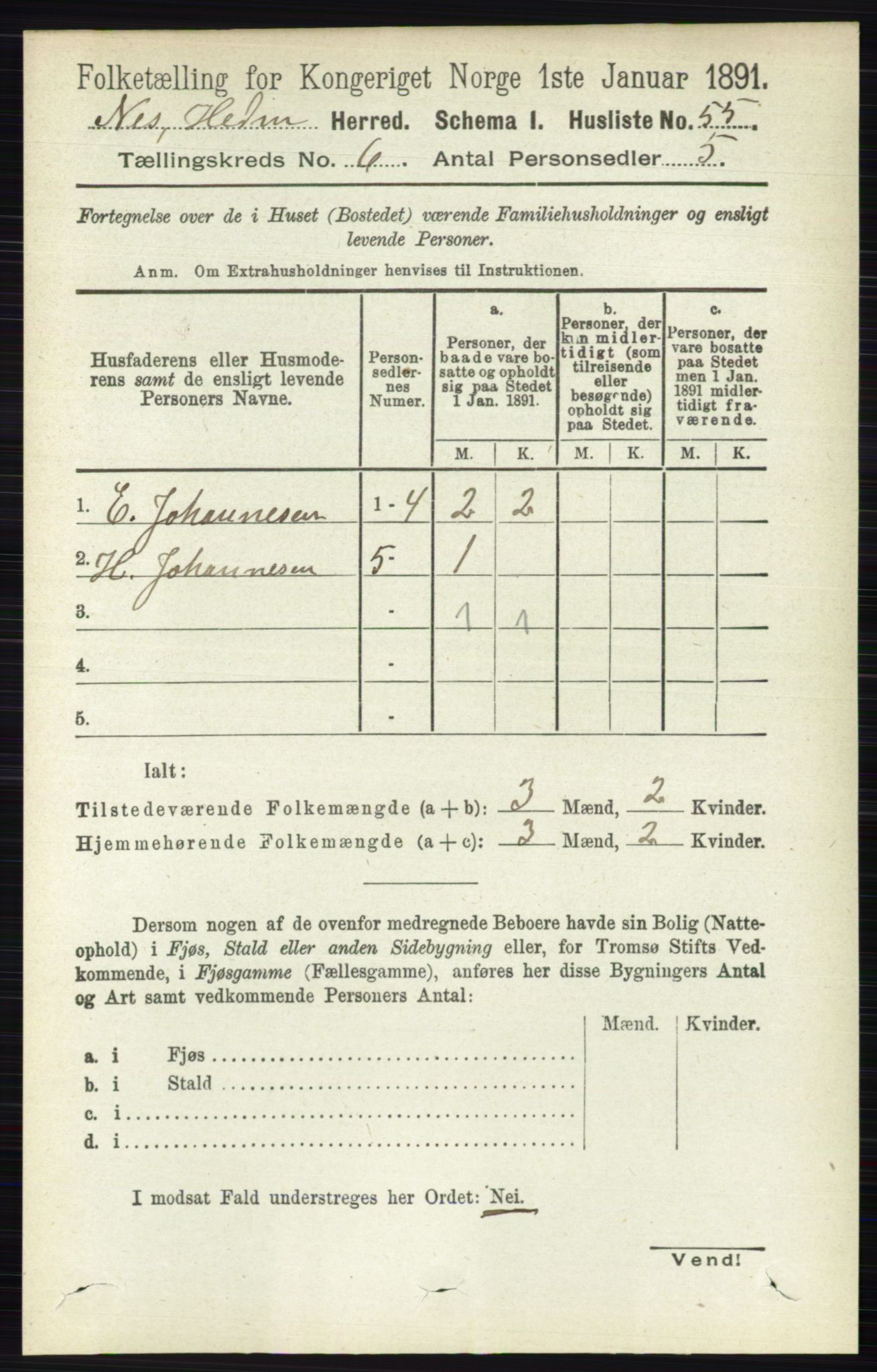 RA, 1891 census for 0411 Nes, 1891, p. 3223