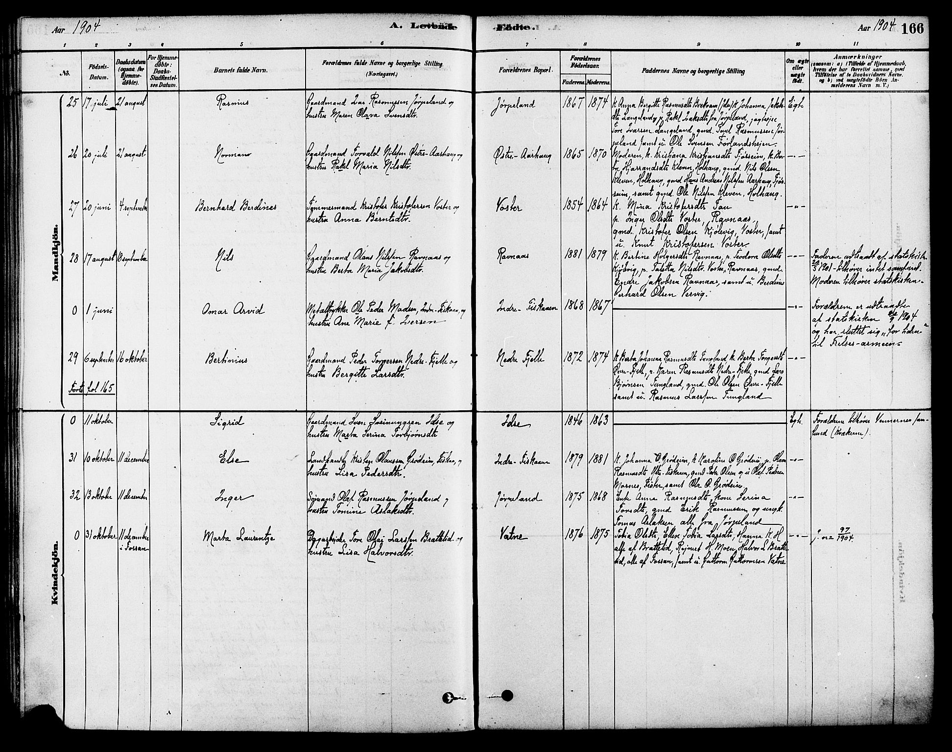 Strand sokneprestkontor, AV/SAST-A-101828/H/Ha/Haa/L0009: Parish register (official) no. A 9, 1877-1908, p. 166