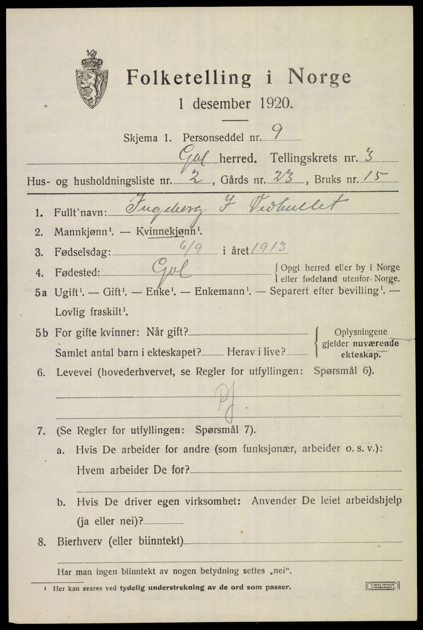 SAKO, 1920 census for Gol, 1920, p. 2206