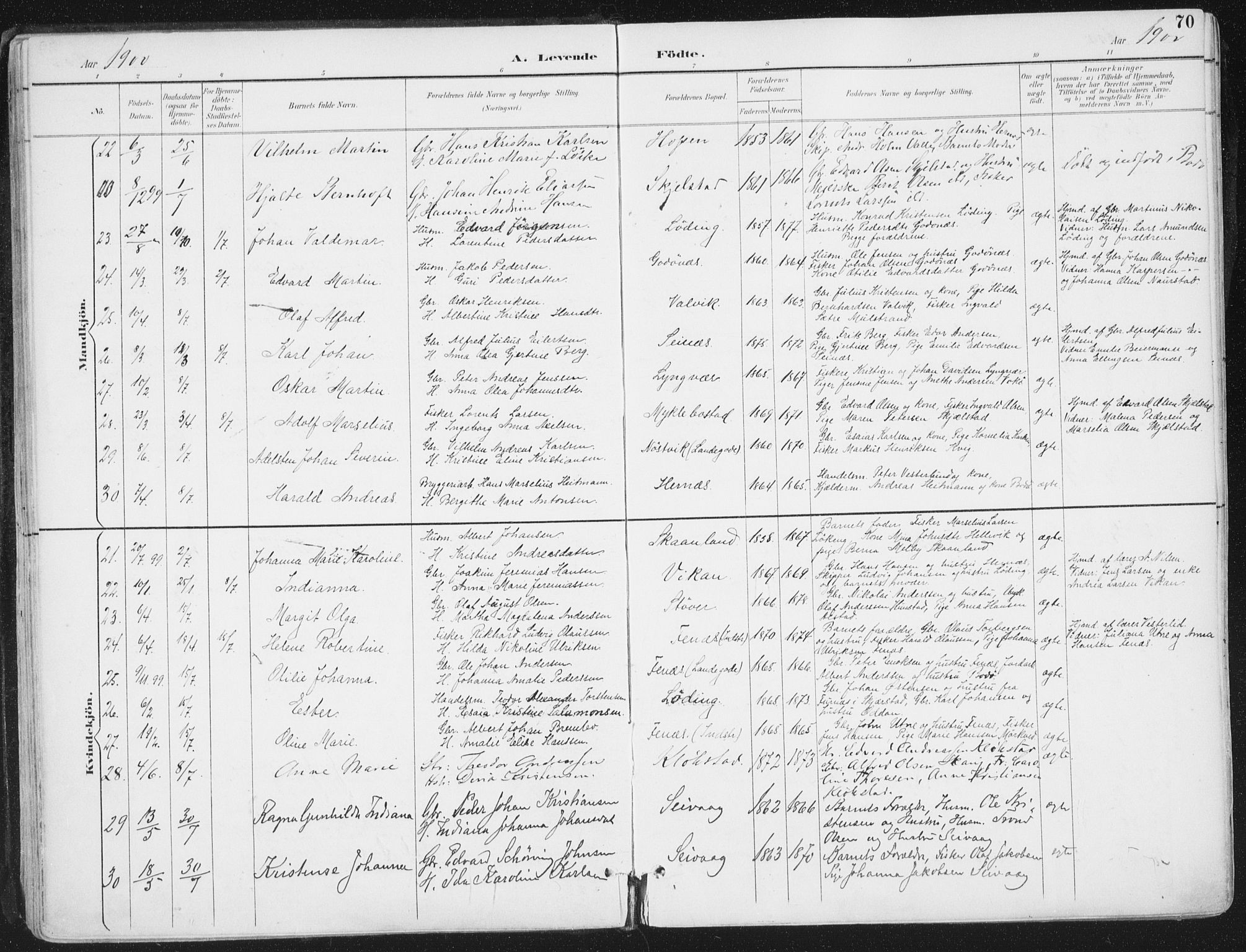 Ministerialprotokoller, klokkerbøker og fødselsregistre - Nordland, SAT/A-1459/802/L0055: Parish register (official) no. 802A02, 1894-1915, p. 70