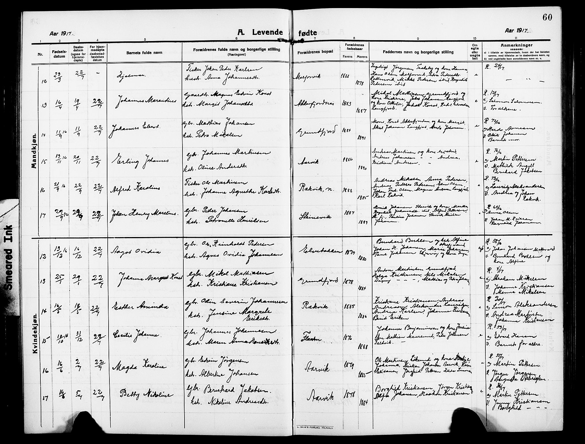 Skjervøy sokneprestkontor, AV/SATØ-S-1300/H/Ha/Hab/L0009klokker: Parish register (copy) no. 9, 1911-1926, p. 60