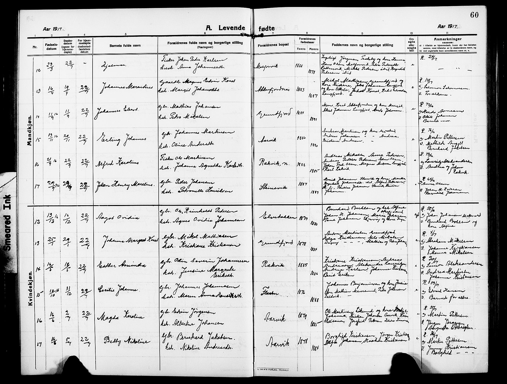 Skjervøy sokneprestkontor, AV/SATØ-S-1300/H/Ha/Hab/L0009klokker: Parish register (copy) no. 9, 1911-1926, p. 60