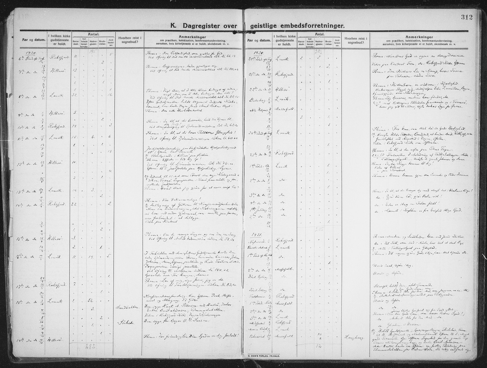 Lenvik sokneprestembete, AV/SATØ-S-1310/H/Ha/Haa/L0016kirke: Parish register (official) no. 16, 1910-1924, p. 312