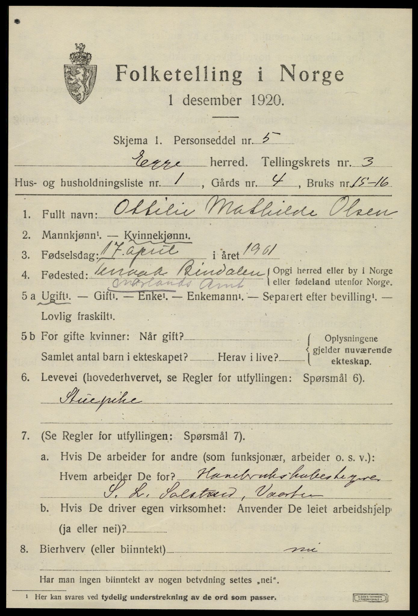 SAT, 1920 census for Egge, 1920, p. 1866