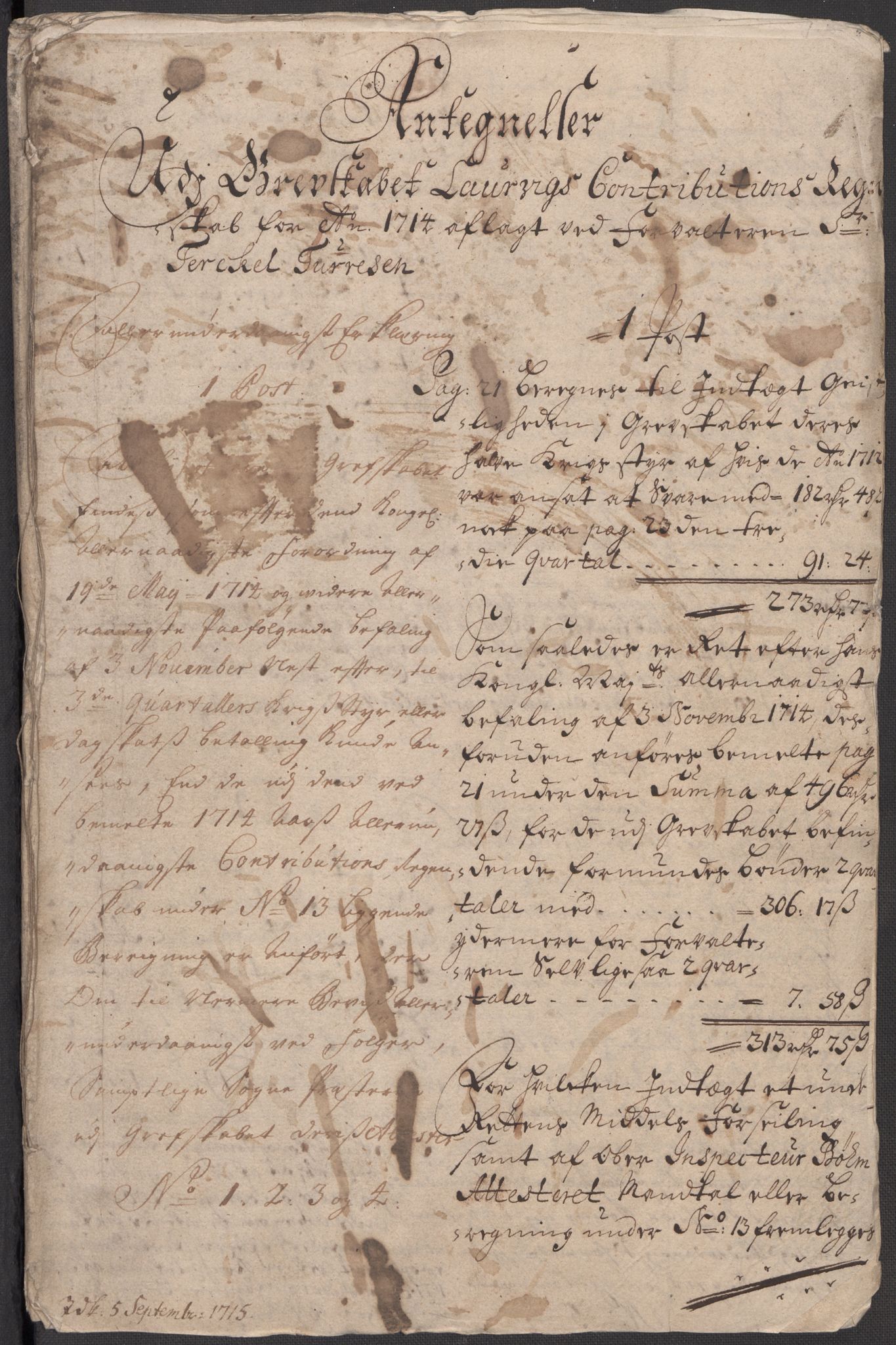 Rentekammeret inntil 1814, Reviderte regnskaper, Fogderegnskap, RA/EA-4092/R33/L1986: Fogderegnskap Larvik grevskap, 1714-1715, p. 246