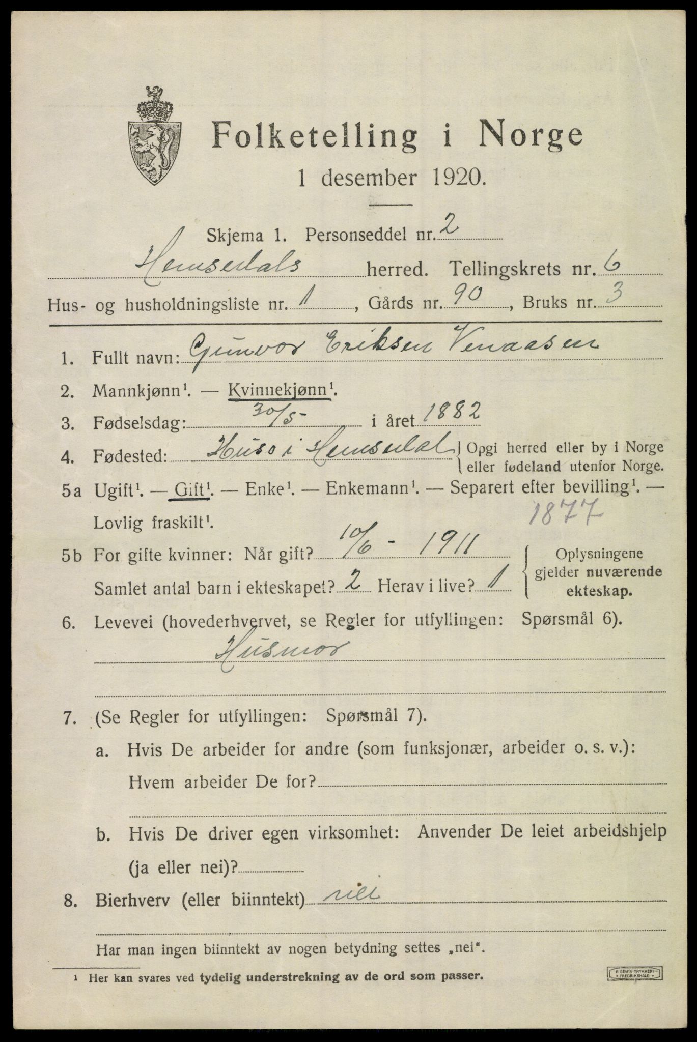 SAKO, 1920 census for Hemsedal, 1920, p. 2352