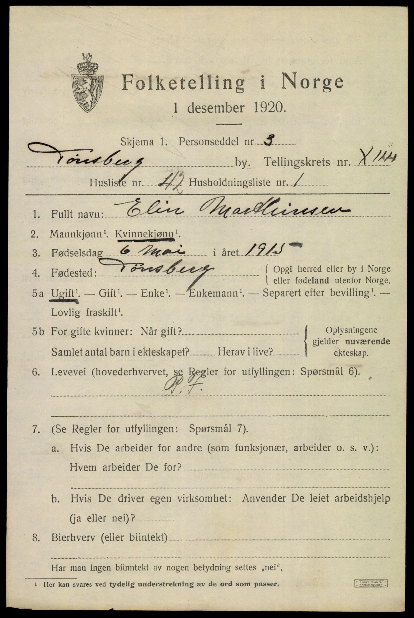 SAKO, 1920 census for Tønsberg, 1920, p. 23457