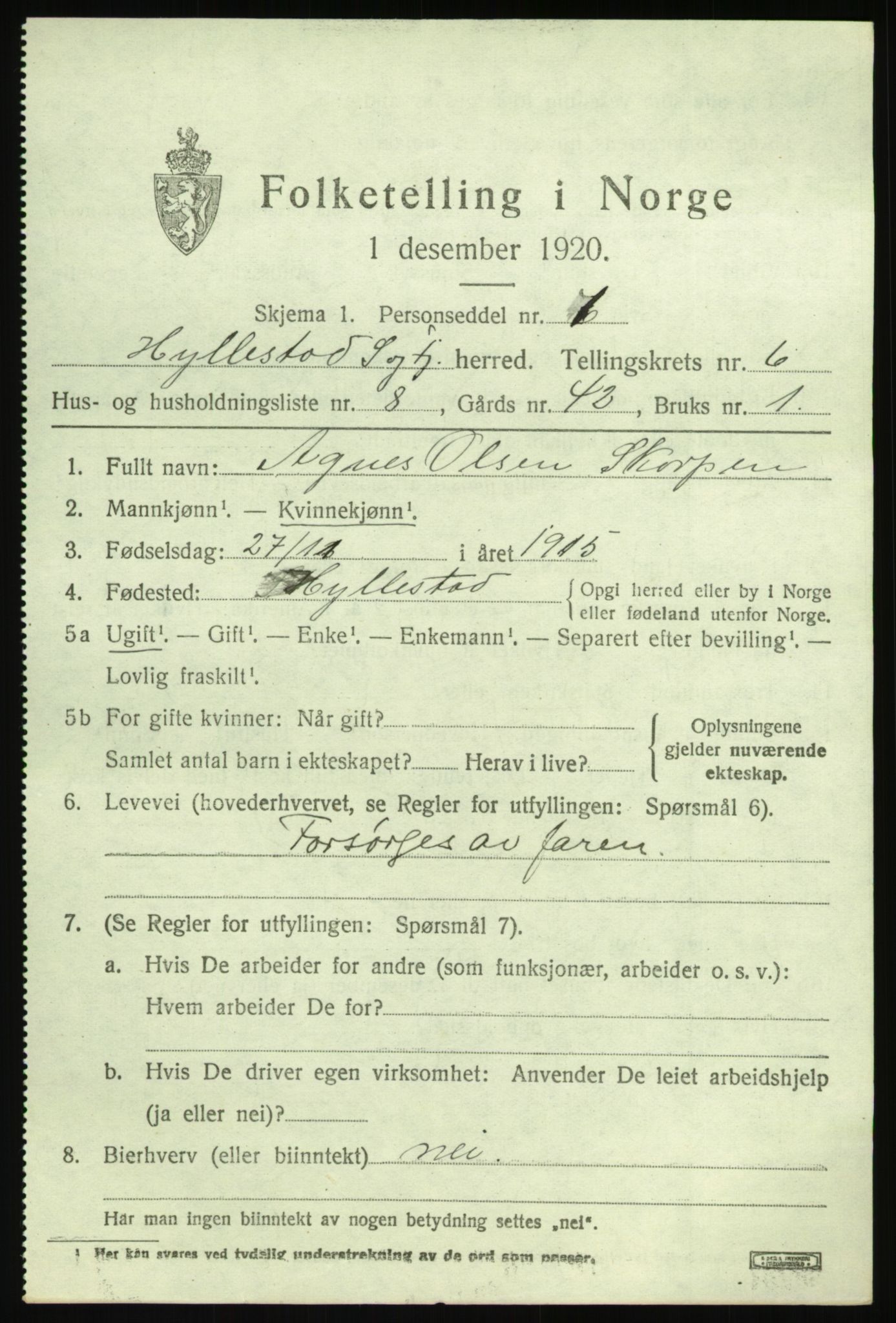 SAB, 1920 census for Hyllestad, 1920, p. 2768