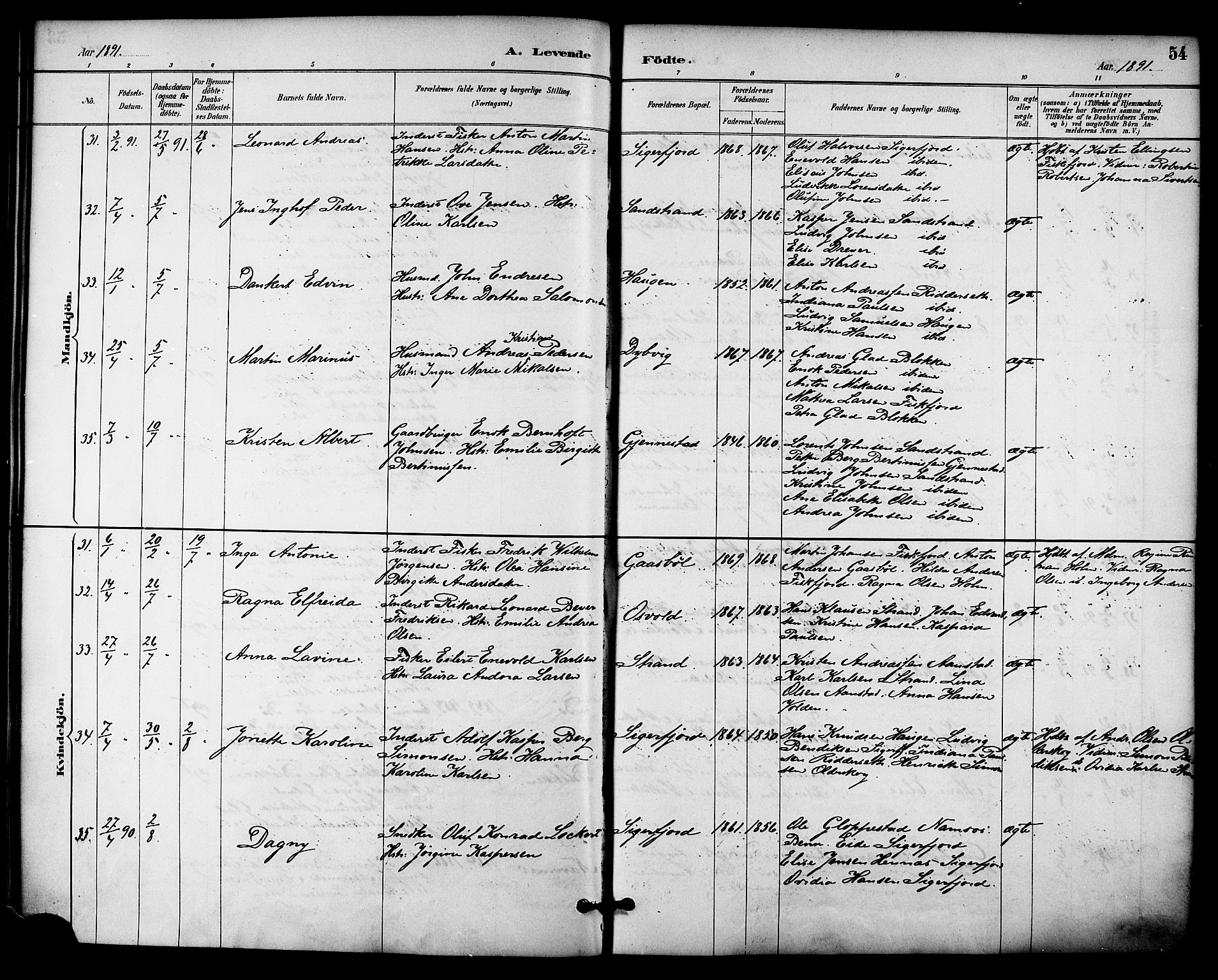 Ministerialprotokoller, klokkerbøker og fødselsregistre - Nordland, AV/SAT-A-1459/895/L1371: Parish register (official) no. 895A06, 1885-1894, p. 54