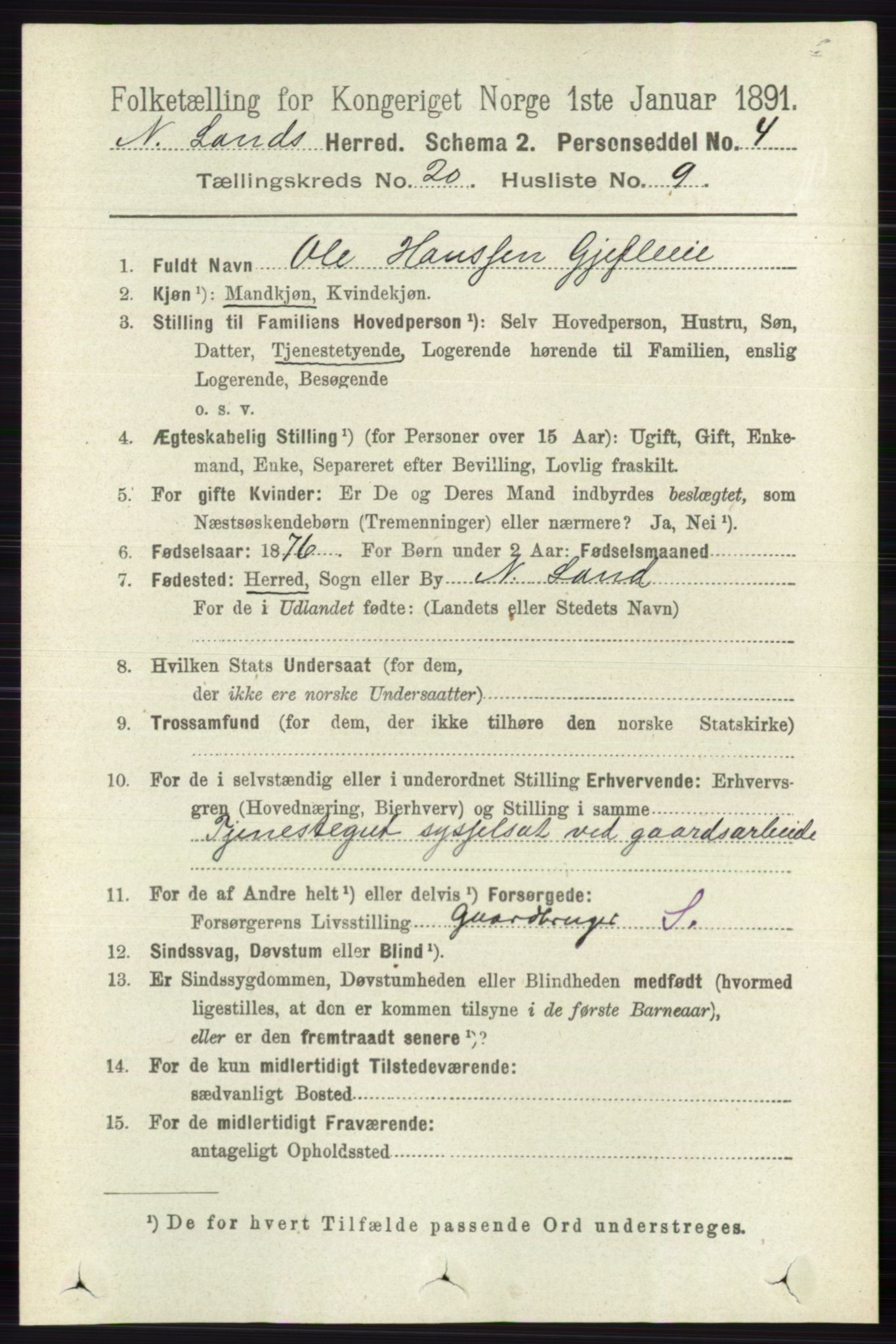 RA, 1891 census for 0538 Nordre Land, 1891, p. 4927