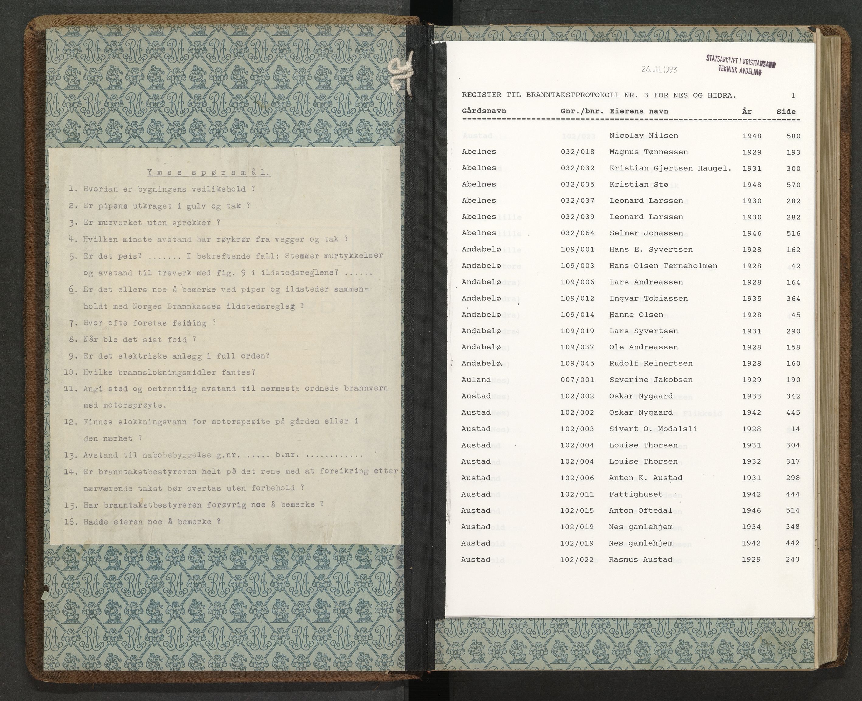 Norges Brannkasse Nes og Hidra, AV/SAK-2241-0040/F/Fa/L0003: Branntakstprotokoll nr. 3 med gårdsnavnregister, 1928-1948