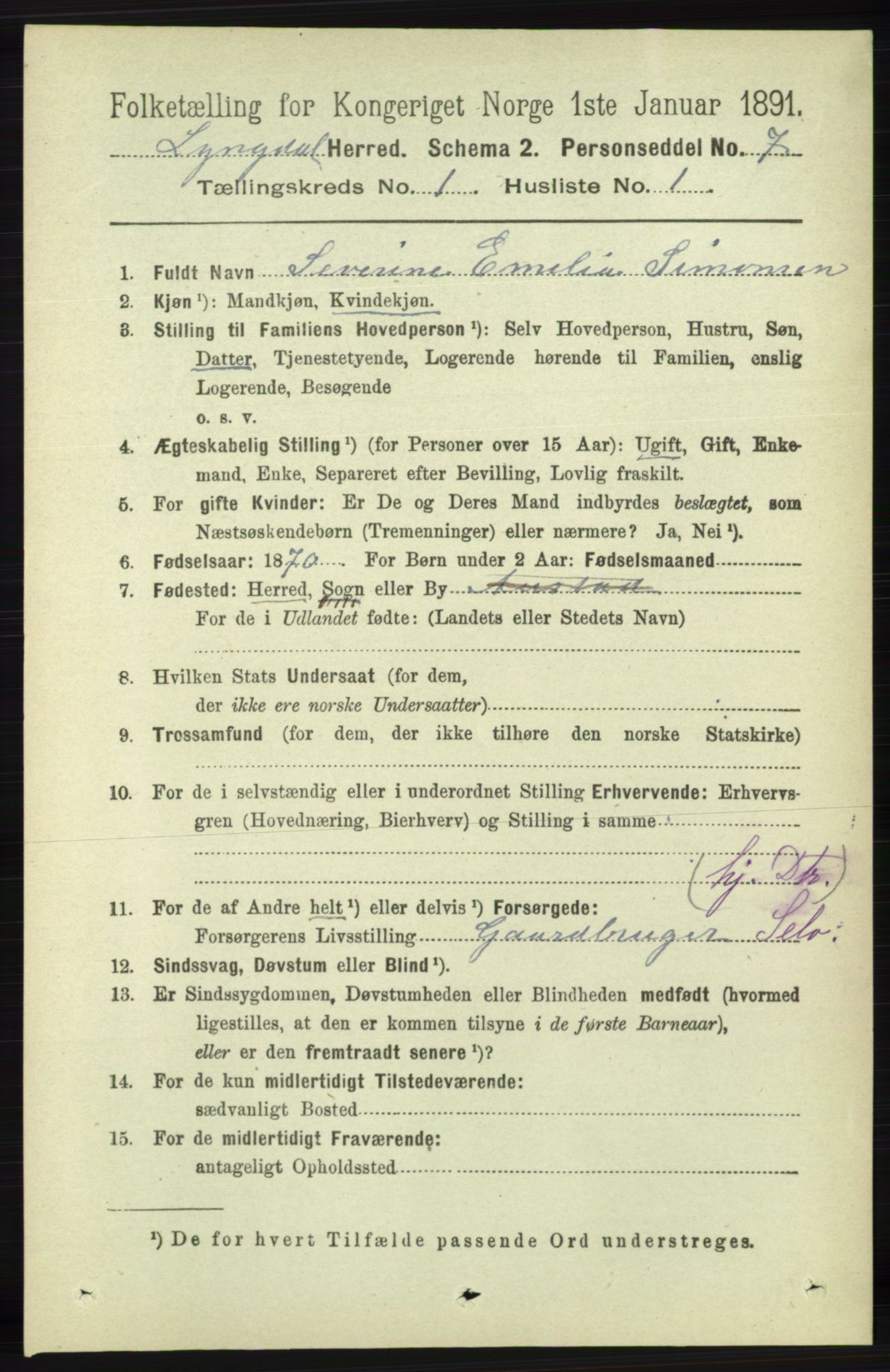 RA, 1891 census for 1032 Lyngdal, 1891, p. 124