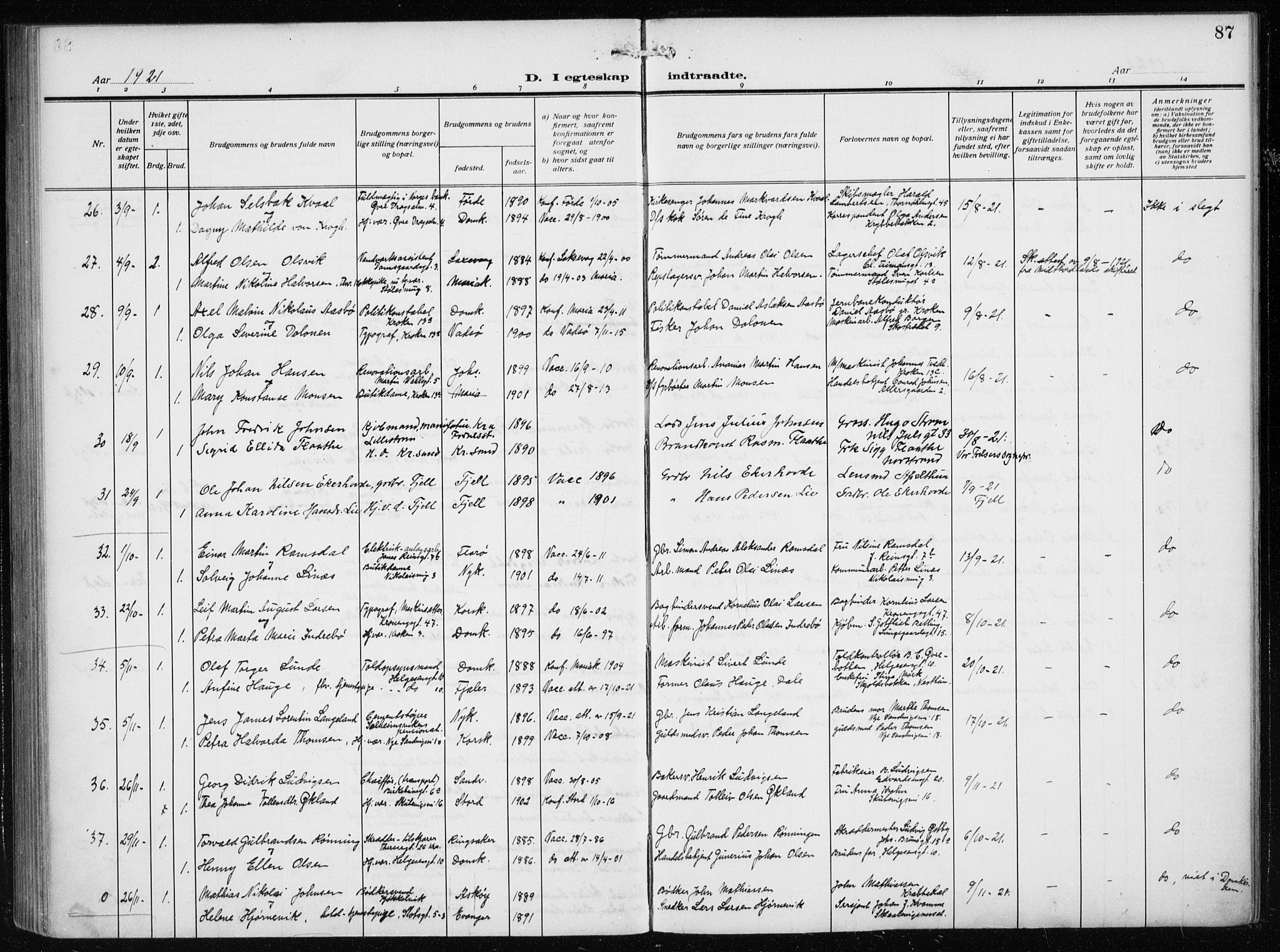 Mariakirken Sokneprestembete, SAB/A-76901/H/Haa/L0015: Parish register (official) no. C 3, 1913-1927, p. 87