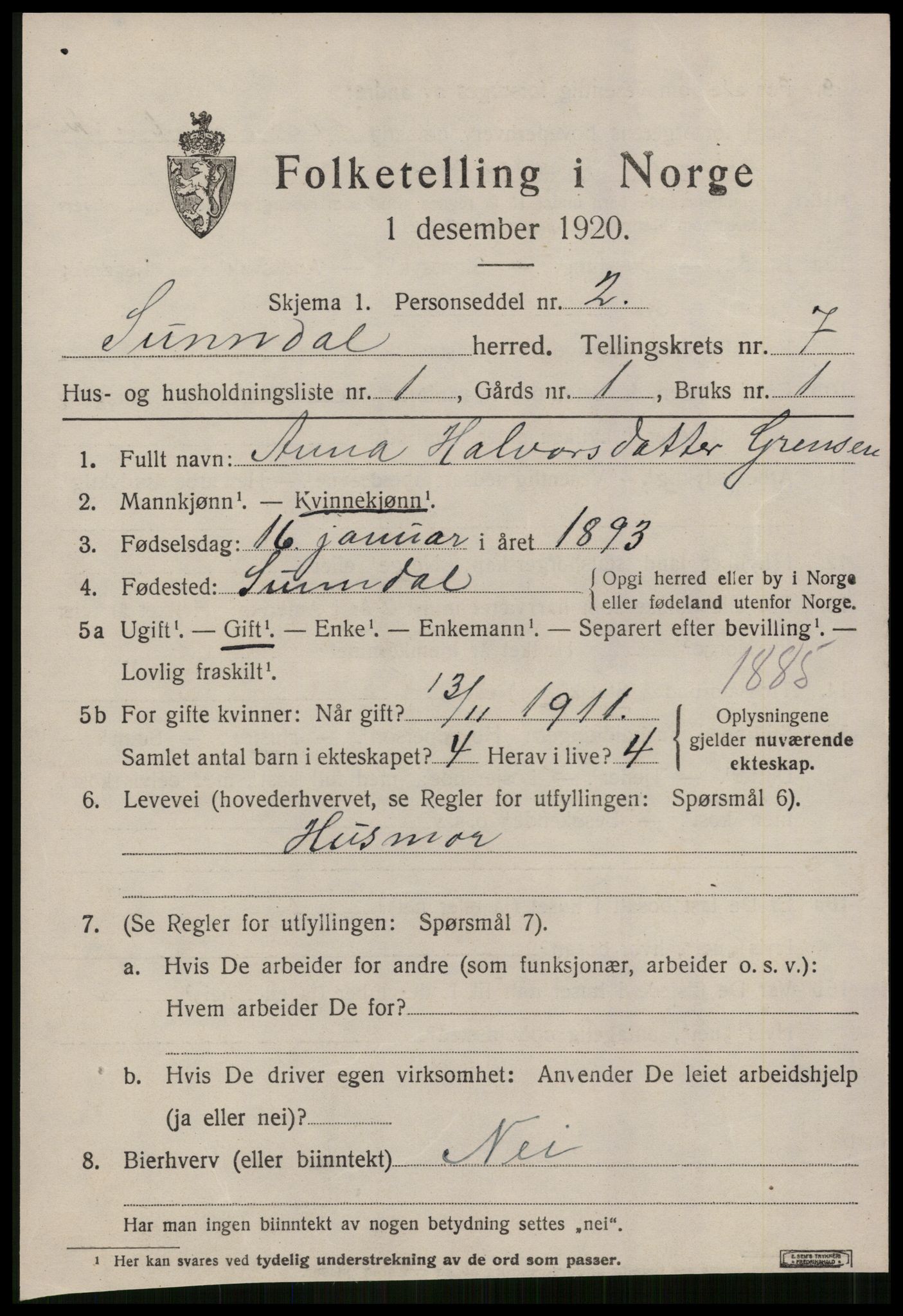 SAT, 1920 census for Sunndal, 1920, p. 3844