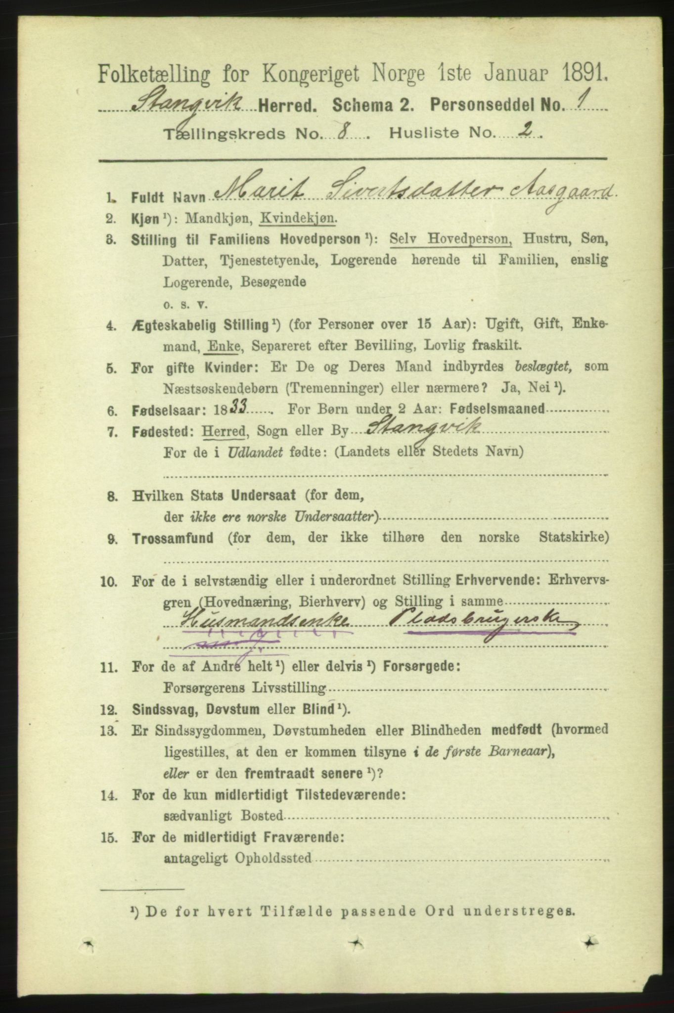 RA, 1891 census for 1564 Stangvik, 1891, p. 3338