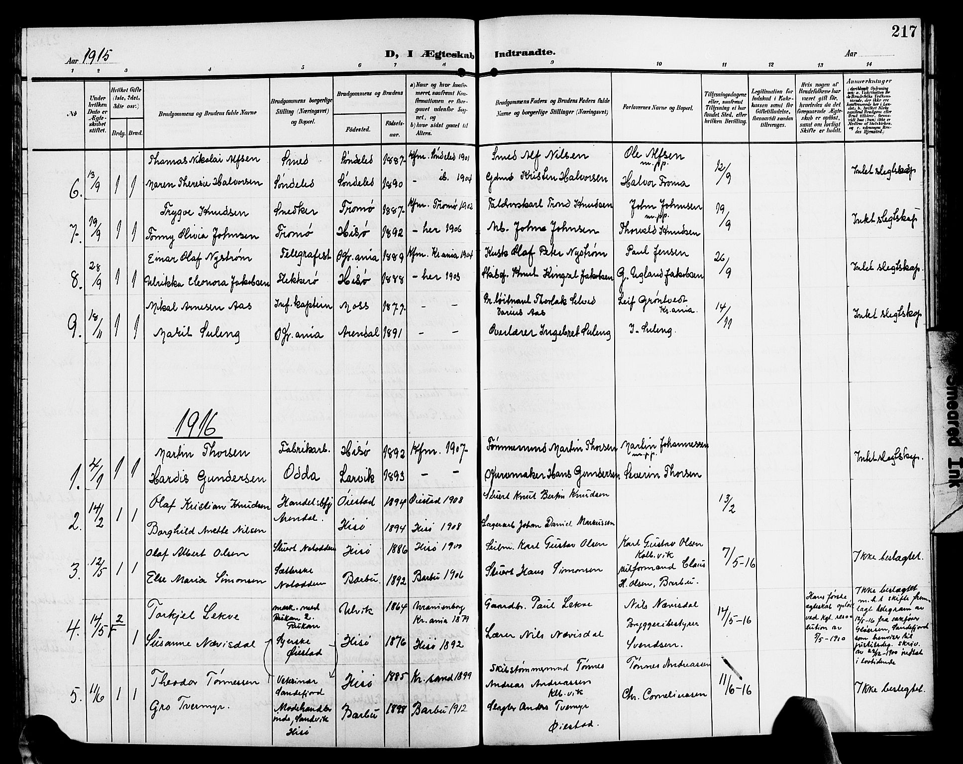 Hisøy sokneprestkontor, AV/SAK-1111-0020/F/Fb/L0004: Parish register (copy) no. B 4, 1905-1923, p. 217