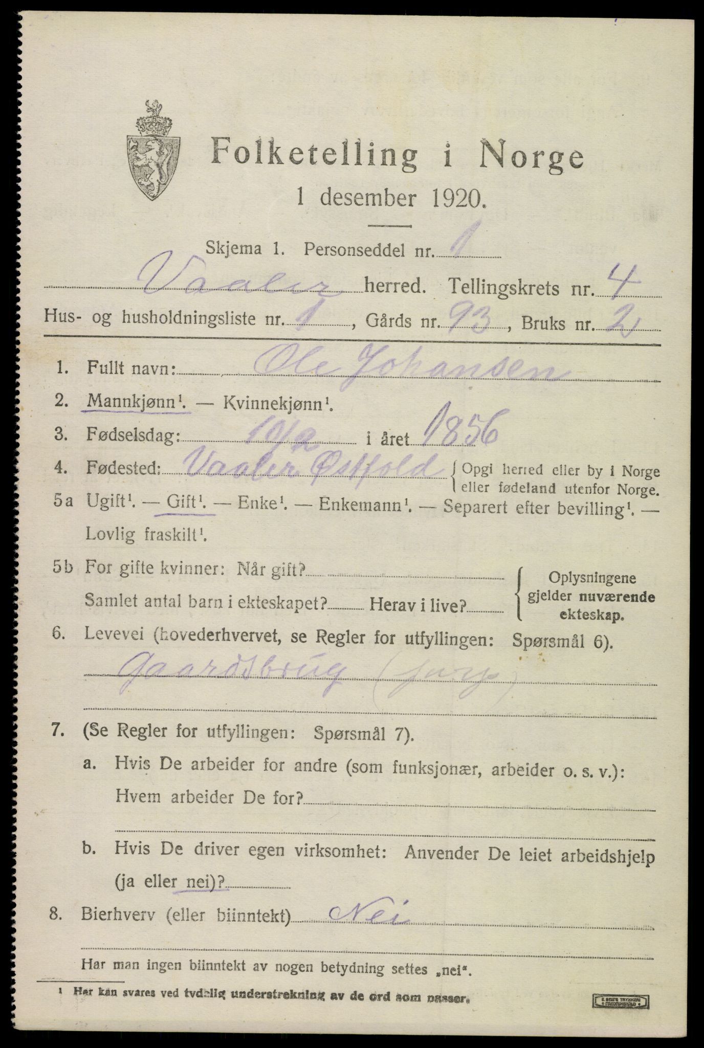 SAO, 1920 census for Våler, 1920, p. 2520