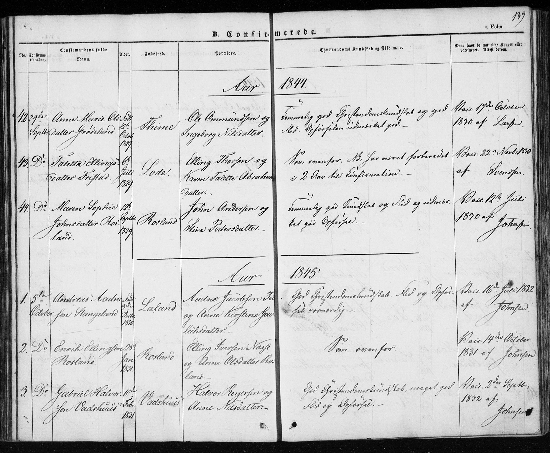 Klepp sokneprestkontor, SAST/A-101803/001/3/30BA/L0004: Parish register (official) no. A 4, 1842-1852, p. 139