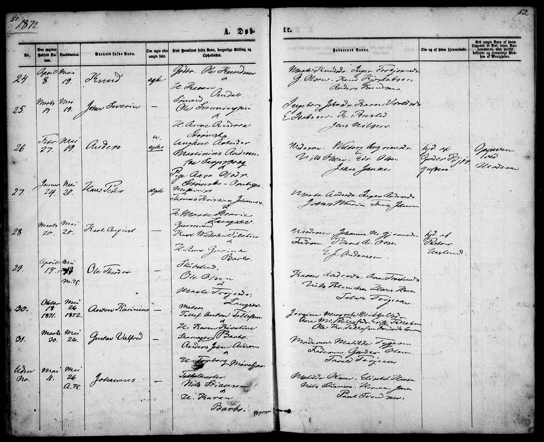 Tromøy sokneprestkontor, AV/SAK-1111-0041/F/Fa/L0008: Parish register (official) no. A 8, 1870-1877, p. 51-52