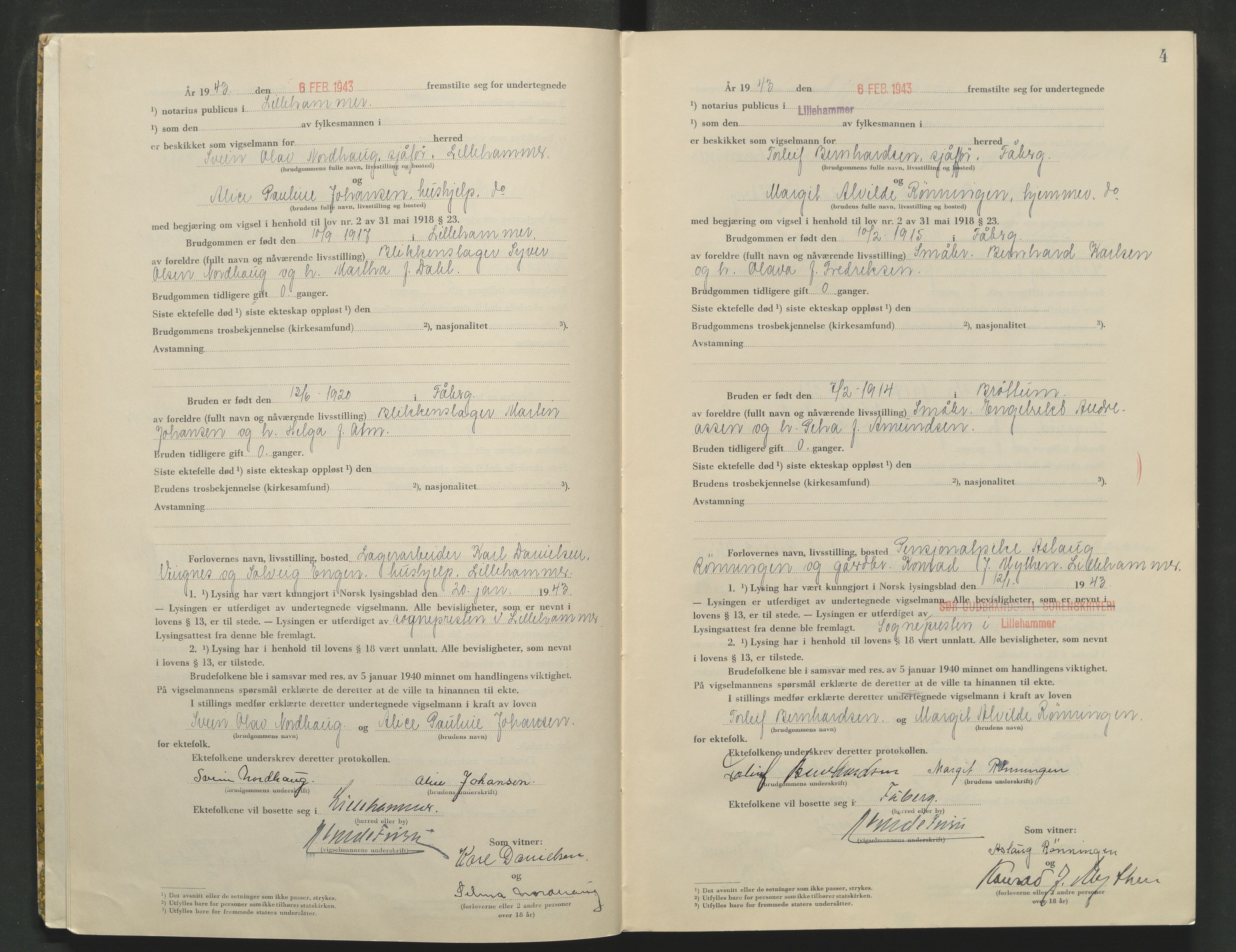 Sør-Gudbrandsdal tingrett, AV/SAH-TING-004/L/Lc/L0003: Vigselsprotokoll, 1943, p. 4