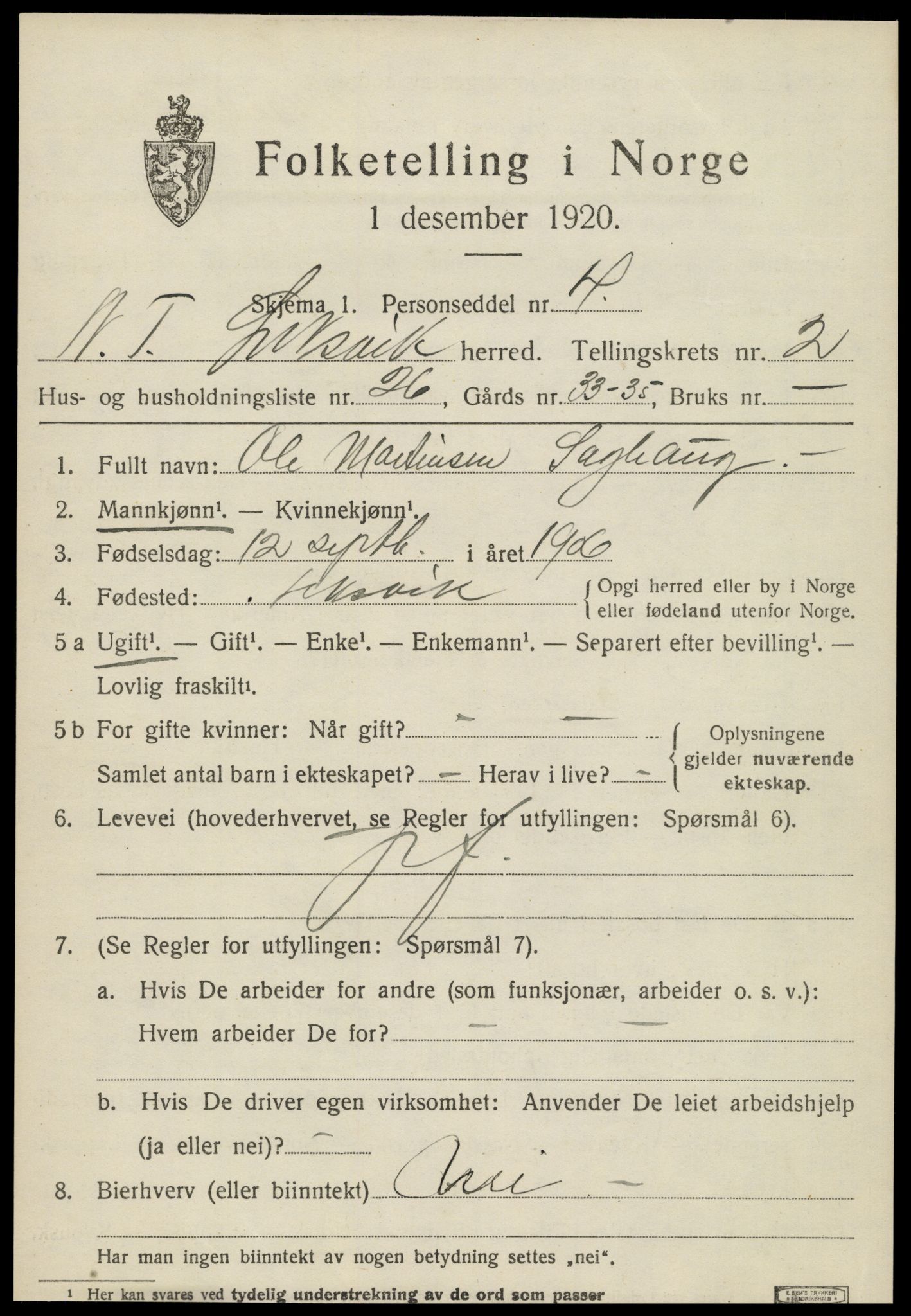 SAT, 1920 census for Leksvik, 1920, p. 2074