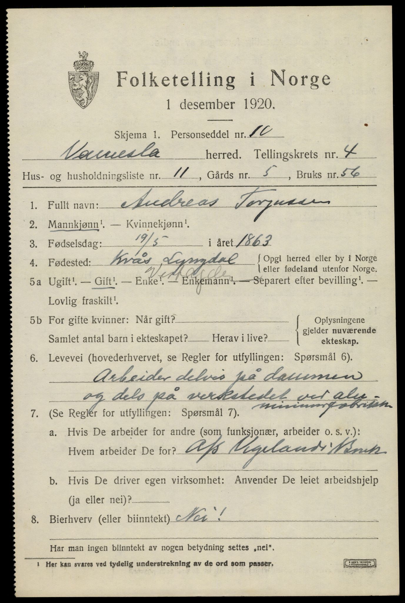 SAK, 1920 census for Vennesla, 1920, p. 2988