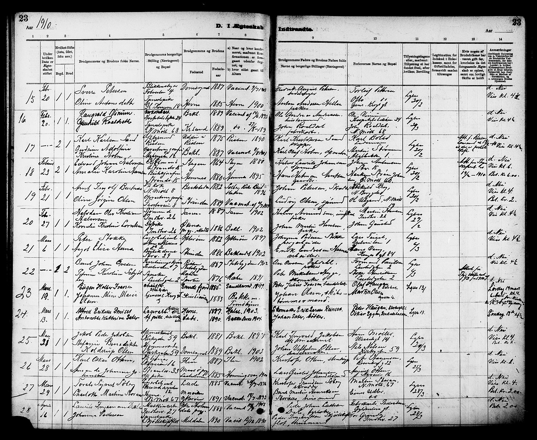 Ministerialprotokoller, klokkerbøker og fødselsregistre - Sør-Trøndelag, SAT/A-1456/605/L0255: Parish register (copy) no. 605C02, 1908-1918, p. 23
