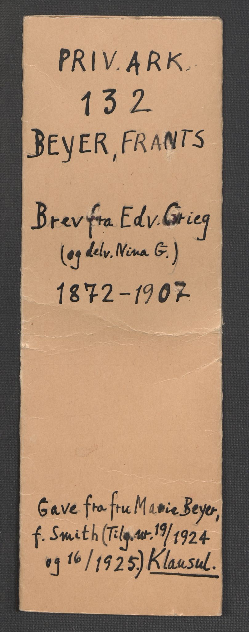 Beyer, Frants, AV/RA-PA-0132/F/L0001: Brev fra Edvard Grieg til Frantz Beyer og "En del optegnelser som kan tjene til kommentar til brevene" av Marie Beyer, 1872-1907, p. 3