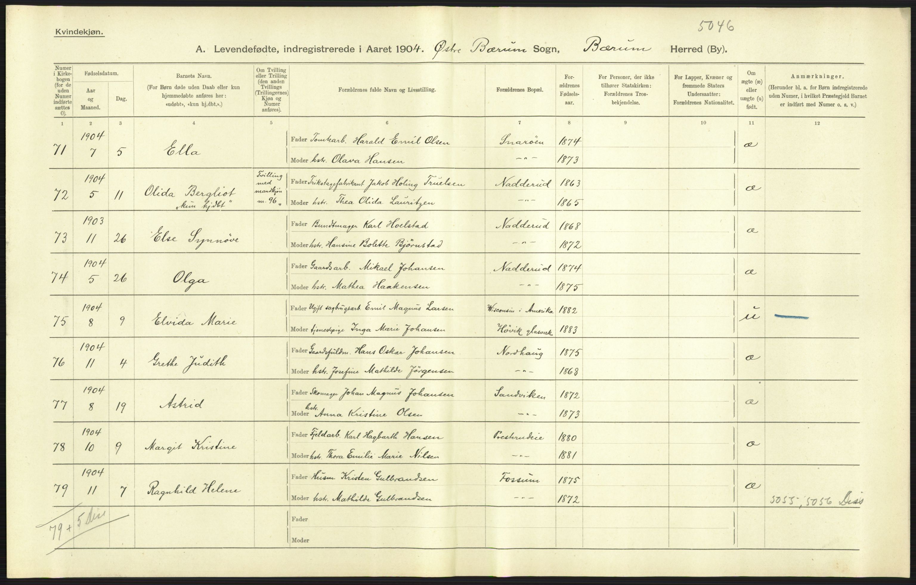 Statistisk sentralbyrå, Sosiodemografiske emner, Befolkning, AV/RA-S-2228/D/Df/Dfa/Dfab/L0002: Akershus amt: Fødte, gifte, døde, 1904, p. 25