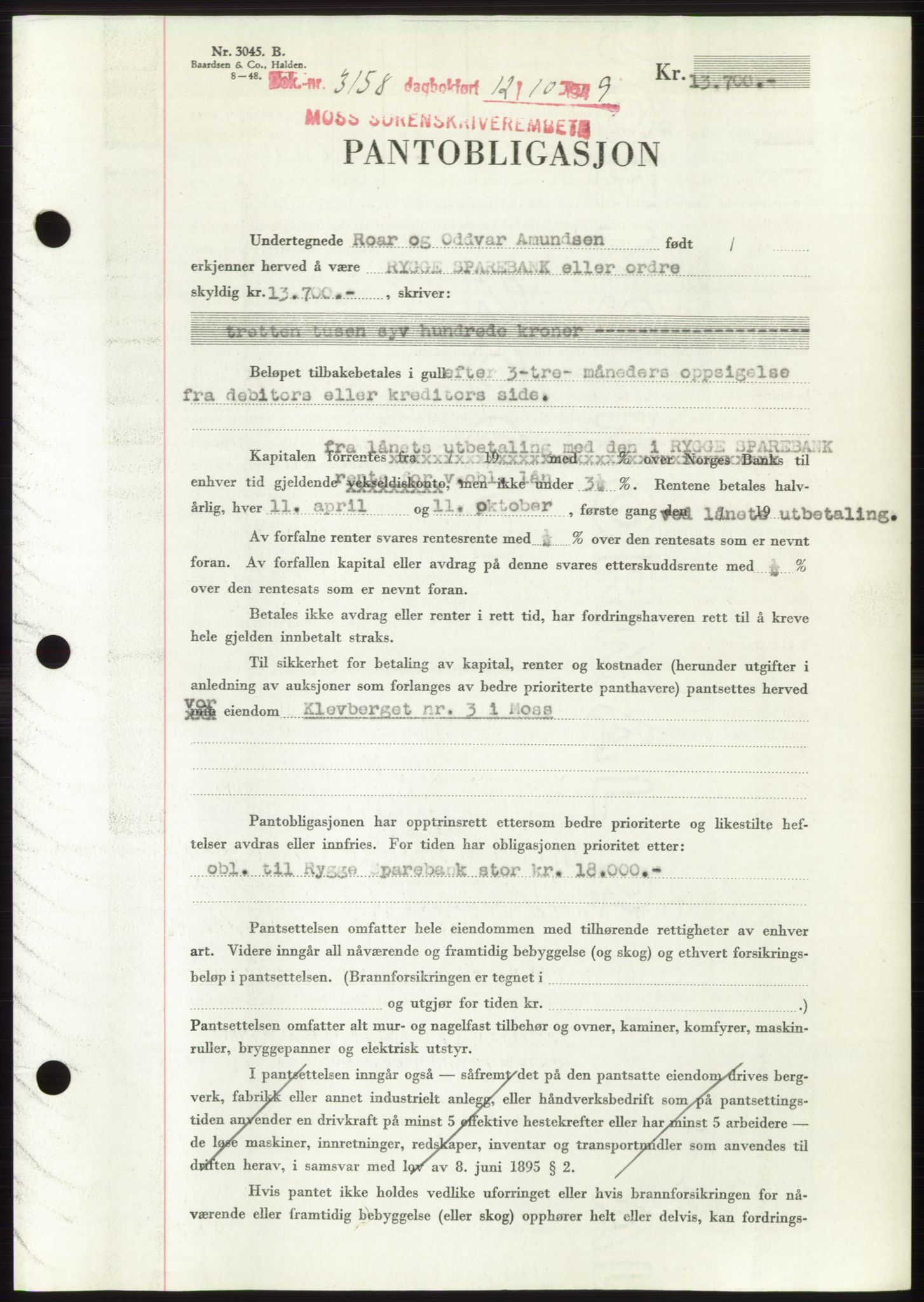 Moss sorenskriveri, SAO/A-10168: Mortgage book no. B23, 1949-1950, Diary no: : 3158/1949