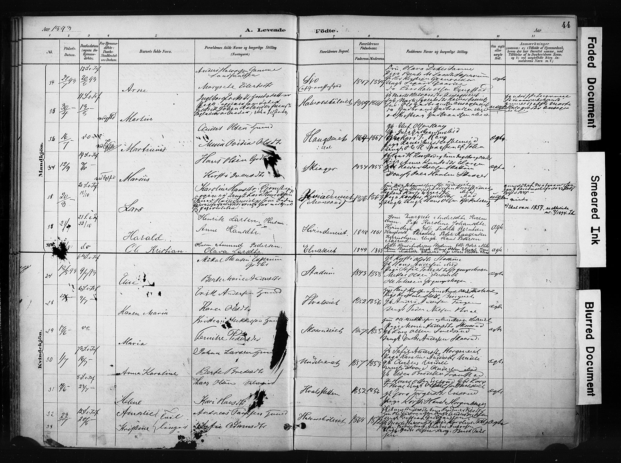 Gran prestekontor, AV/SAH-PREST-112/H/Ha/Haa/L0017: Parish register (official) no. 17, 1889-1897, p. 44