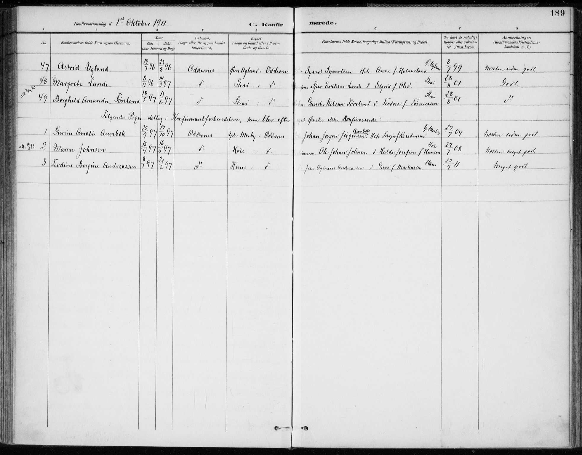 Oddernes sokneprestkontor, AV/SAK-1111-0033/F/Fa/Faa/L0010: Parish register (official) no. A 10, 1897-1911, p. 189