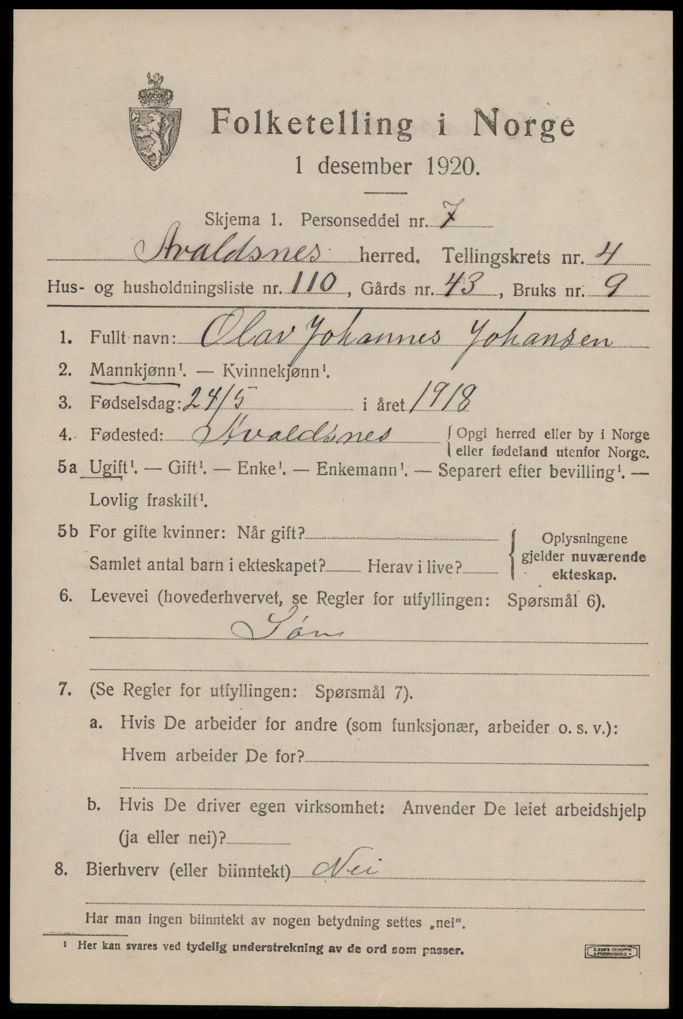 SAST, 1920 census for Avaldsnes, 1920, p. 5159