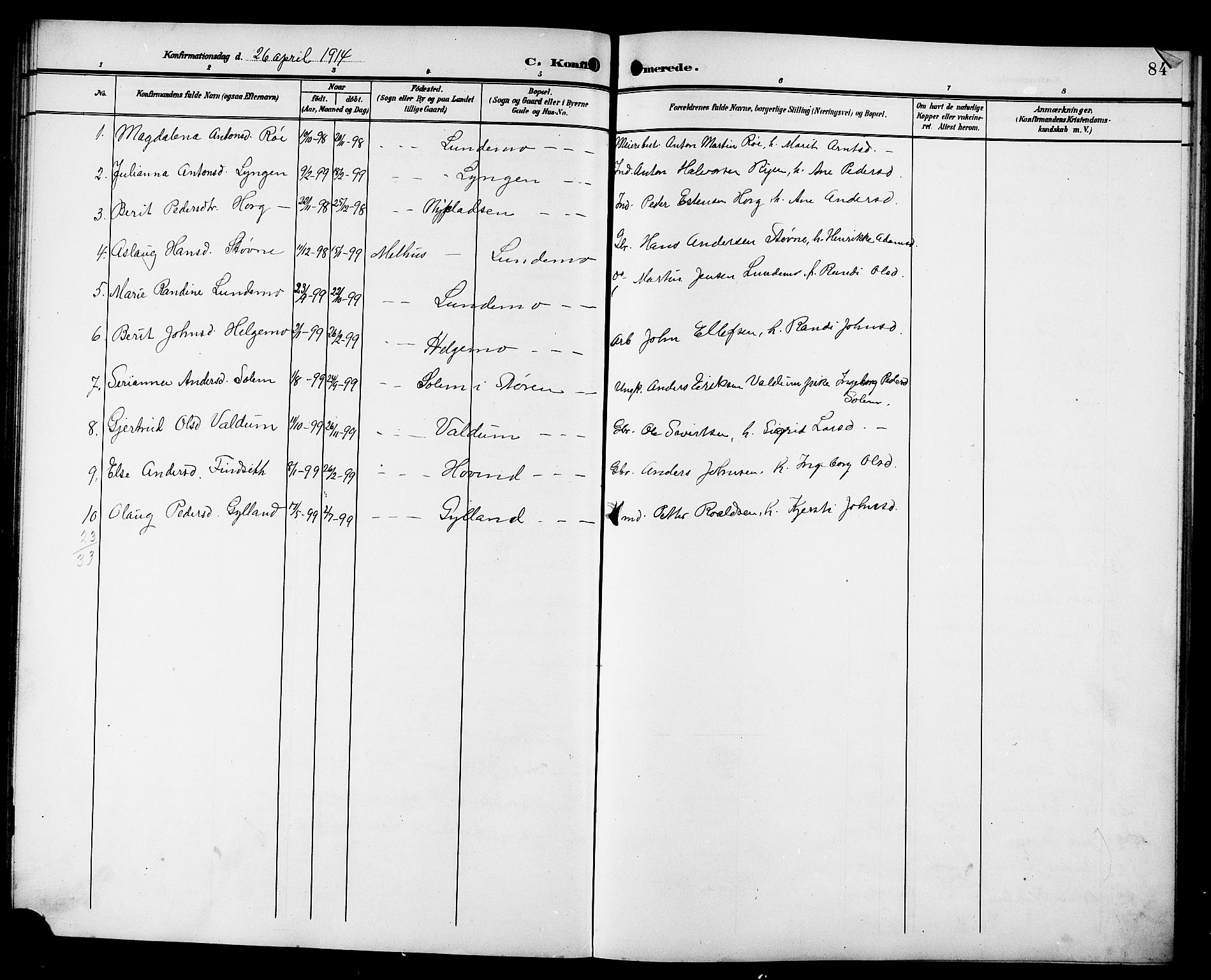 Ministerialprotokoller, klokkerbøker og fødselsregistre - Sør-Trøndelag, SAT/A-1456/692/L1112: Parish register (copy) no. 692C07, 1904-1918, p. 84