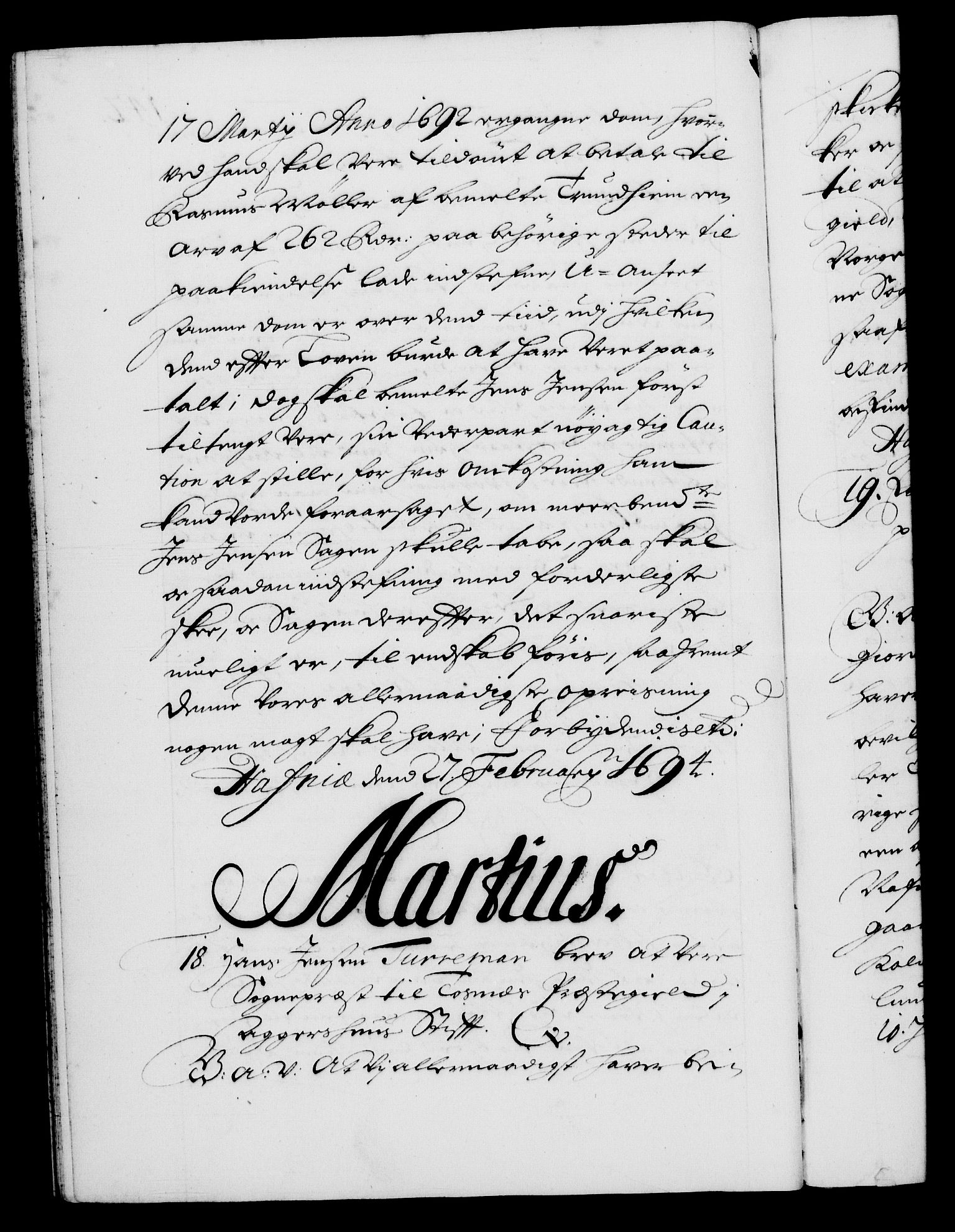 Danske Kanselli 1572-1799, RA/EA-3023/F/Fc/Fca/Fcaa/L0016: Norske registre (mikrofilm), 1692-1697, p. 142b