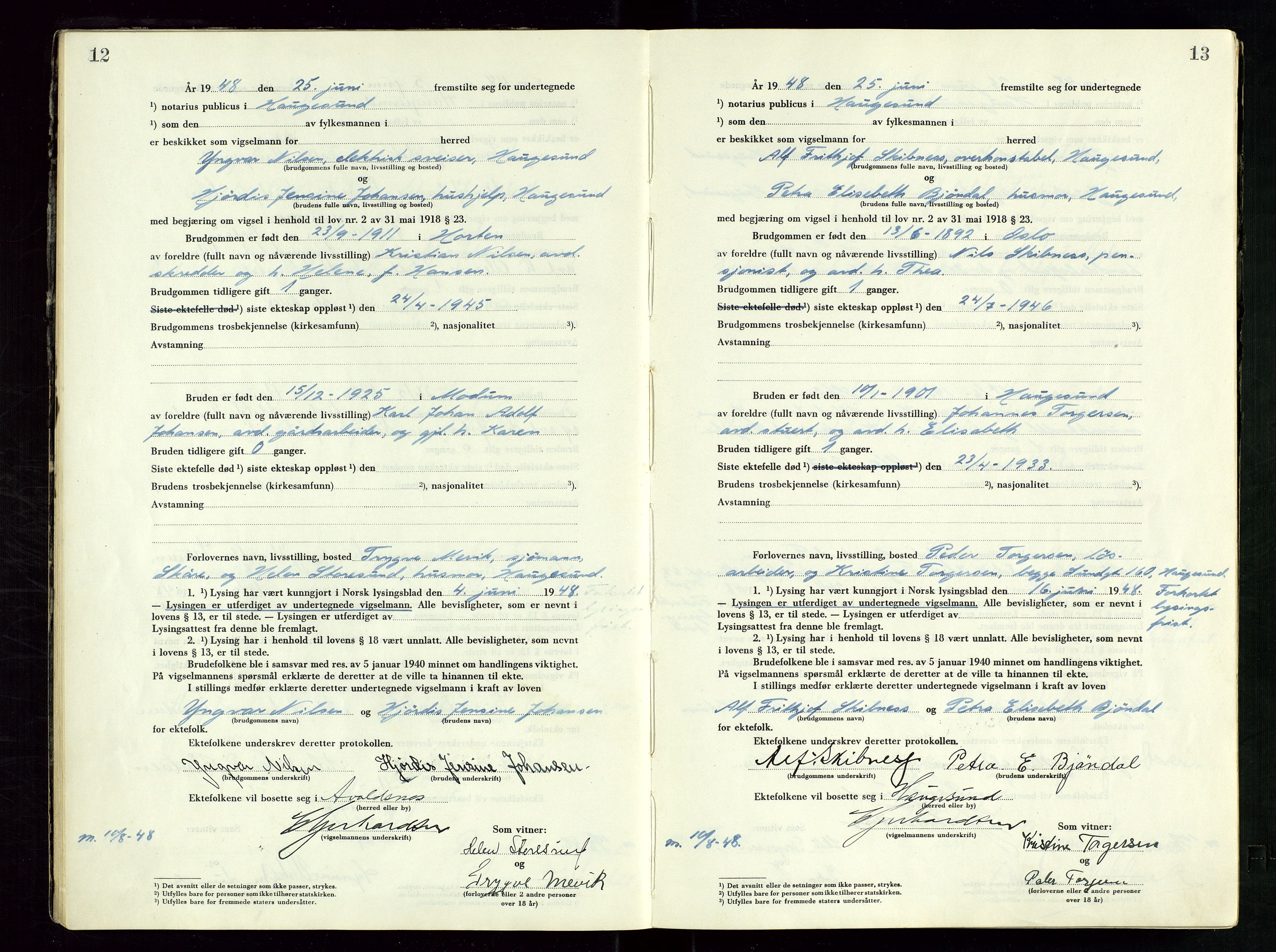 Haugesund tingrett, AV/SAST-A-101415/01/III/IIID/L0006: Vigselbok, 1948-1956, p. 12-13