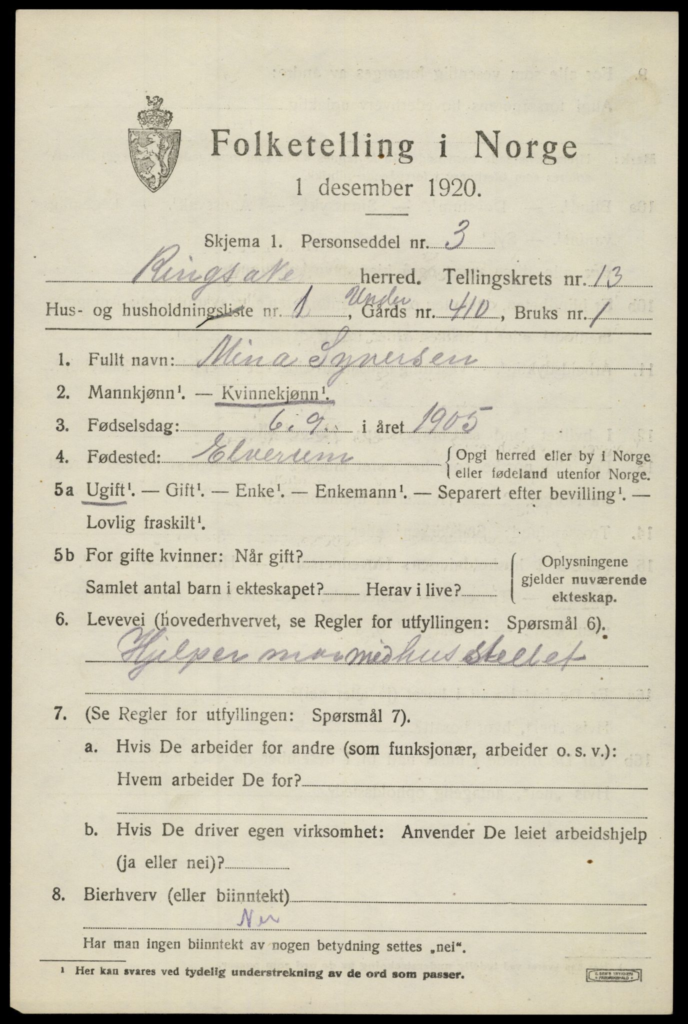 SAH, 1920 census for Ringsaker, 1920, p. 20628