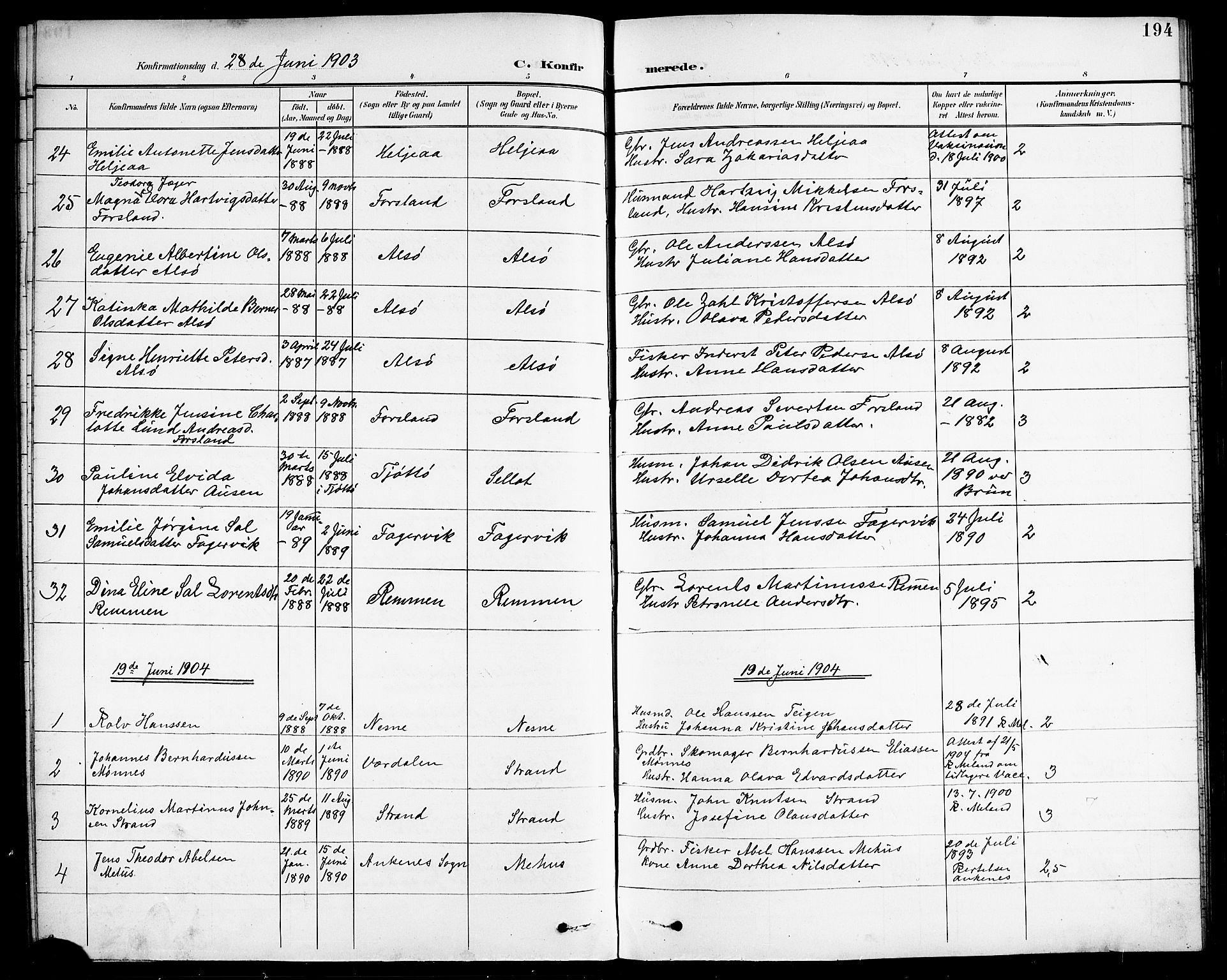 Ministerialprotokoller, klokkerbøker og fødselsregistre - Nordland, AV/SAT-A-1459/838/L0559: Parish register (copy) no. 838C06, 1893-1910, p. 194