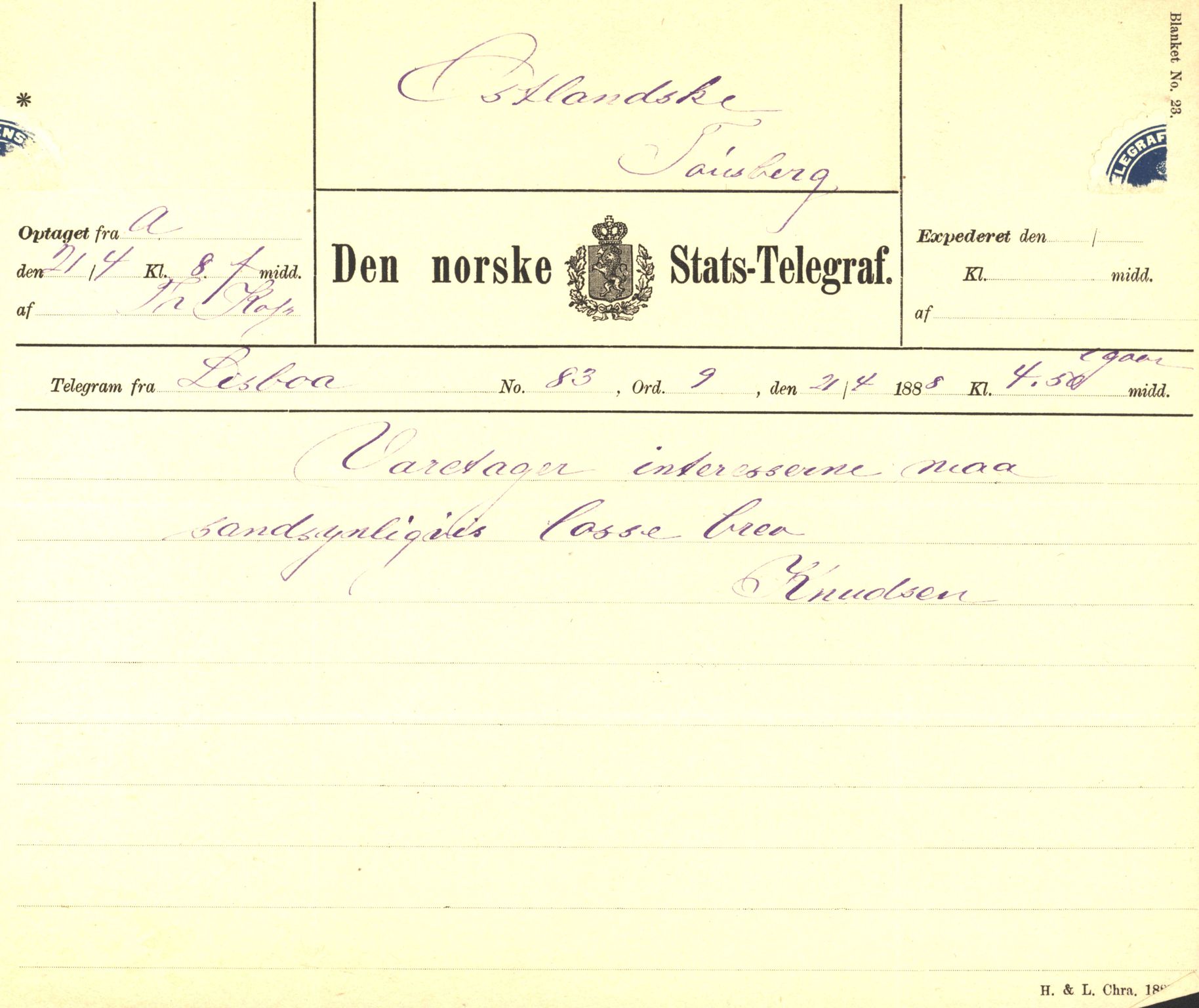 Pa 63 - Østlandske skibsassuranceforening, VEMU/A-1079/G/Ga/L0023/0002: Havaridokumenter / Flora, Frank, Freidig, Sophie, Wilhelmine, 1888, p. 69