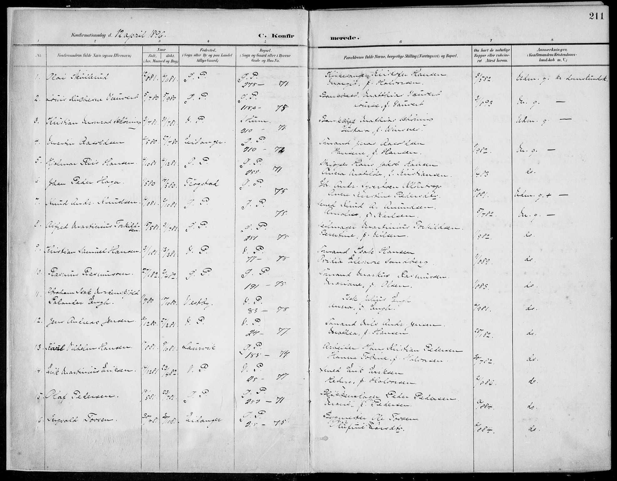 Porsgrunn kirkebøker , SAKO/A-104/F/Fa/L0011: Parish register (official) no. 11, 1895-1919, p. 211