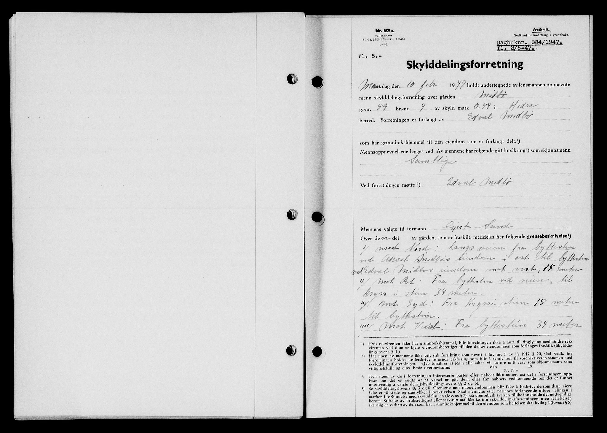 Flekkefjord sorenskriveri, SAK/1221-0001/G/Gb/Gba/L0062: Mortgage book no. A-10, 1947-1947, Diary no: : 384/1947
