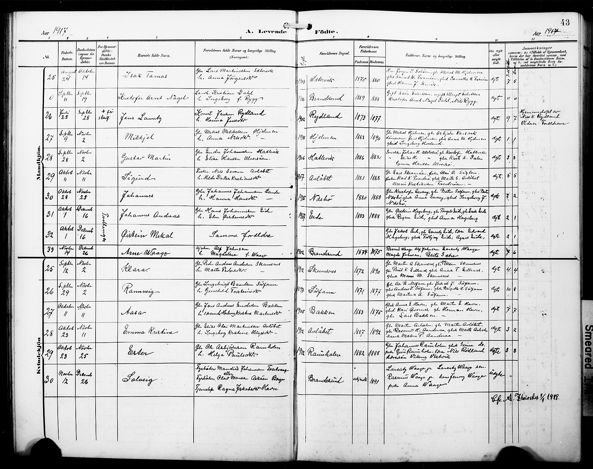 Fitjar sokneprestembete, SAB/A-99926: Parish register (copy) no. B 1, 1906-1928, p. 43